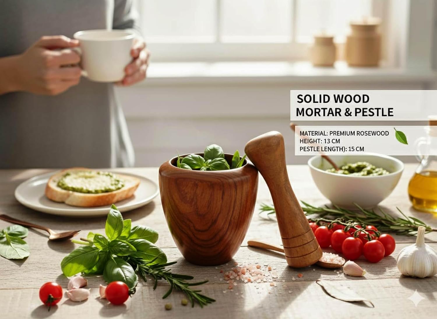 Handcrafted Wooden Mortar and Pestle Set, 5 Inch Natural Wood Spice Grinder Bowl, Manual Crusher for Garlic, Ginger, Herbs, Peppercorns, Seeds, Nuts, Coffee Beans and Kitchen Prep