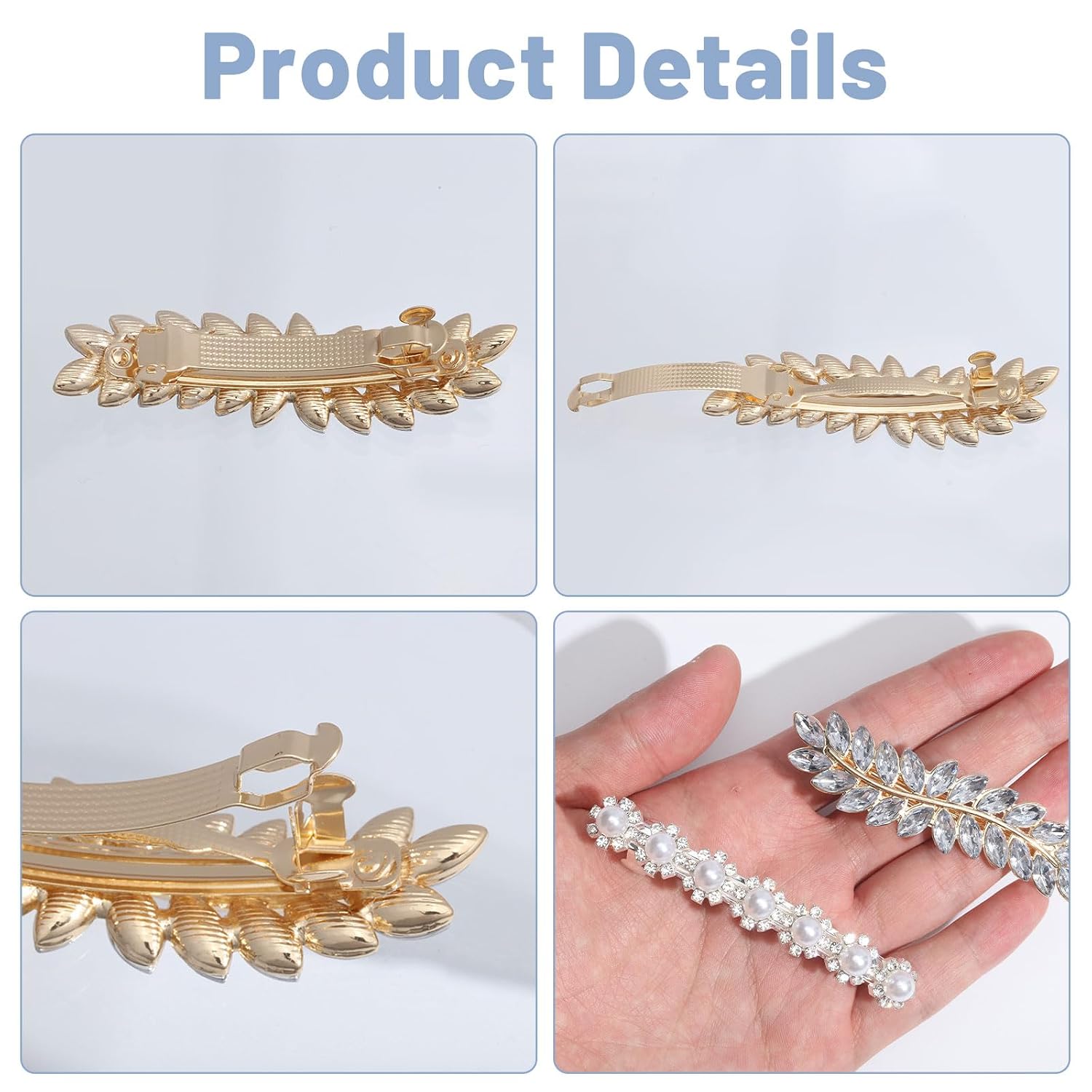 4Pcs Crystal Hair Barrettes Leaf Rhinestone Hair Clips for Women Pearl French Hair Clip Barrettes Sparkly Hair Jewelry for Wedding Bride Party Everyday Use