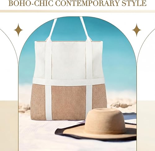 Miniatura 6 de Bolsa de playa bohemia para mujer, 16.5 x 17.5 x 4 pulgadas, bolsa de playa tejida grande de verano con correa de soporte para sombrero para viajes