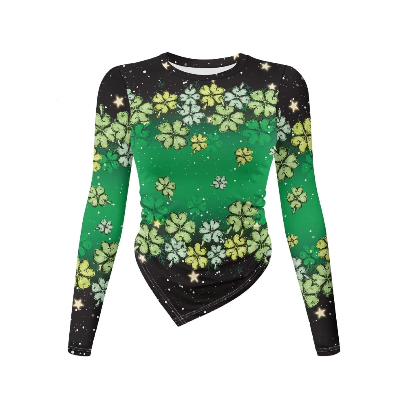 Gzzxiailg Lucky Leaf Girls Lightweight Workout Shirts Long Sleeve Bottoming Tops Casual Slim Fit Tee Tops Asymmetrical Tops Yoga Running Shirt for Spring Fall Autumn St. Patrick's Day Outfits