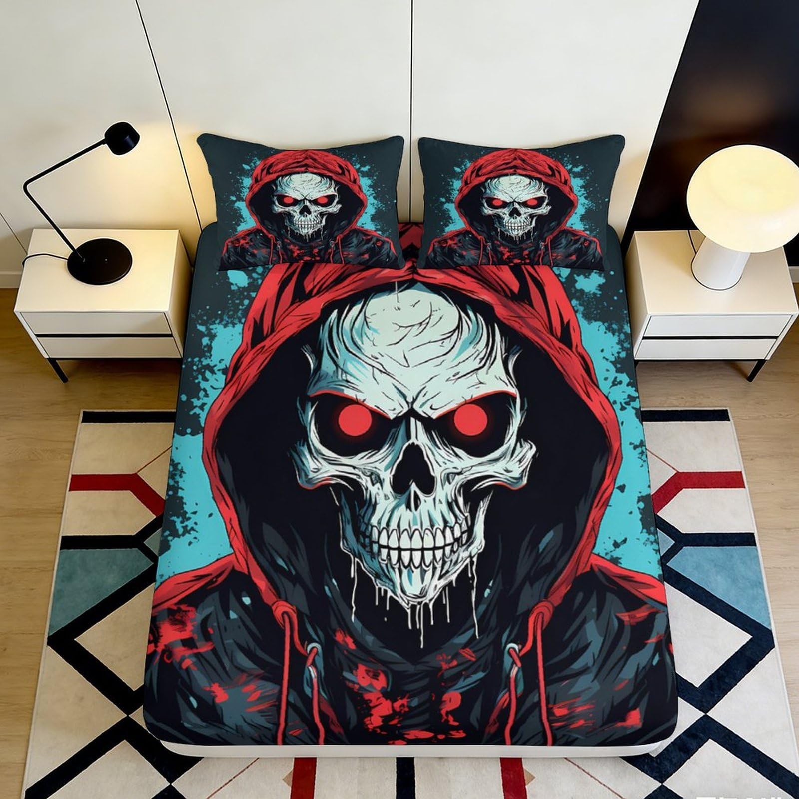 Pnayamiorkfel Style-9 3D Printed Red Skull Fitted Sheet Microfiber Decor Bedroom Gothic Hooded Skeleton Mattress Cover Protection 90X200x25cm