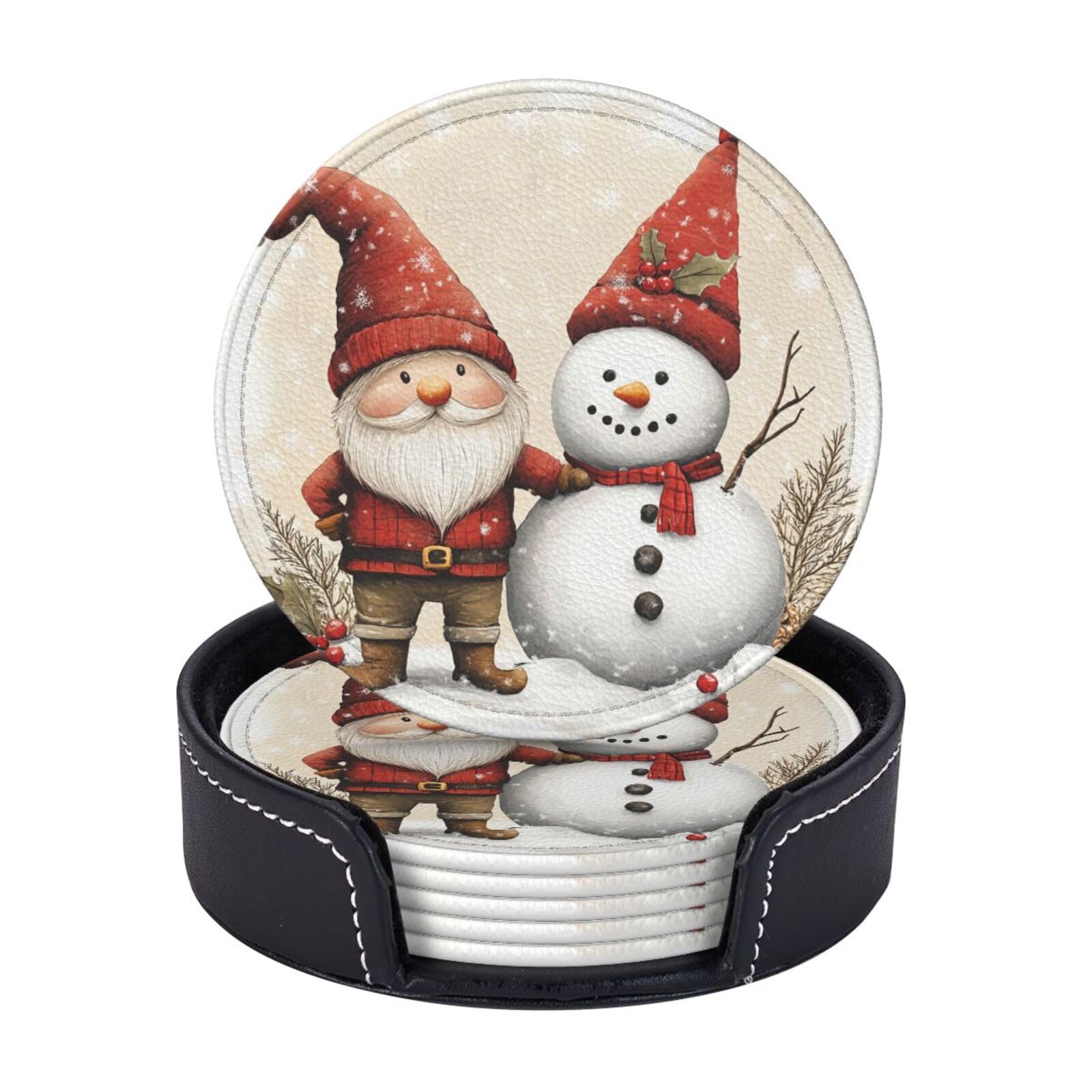 6 Pack Snowman Gnomes Leather Coasters for Drinks with Holder Sets Cute New Year Heat Resistant Drink Table Cup Coasters for Kitchen Dining Cafe Xmas Table Decor Round