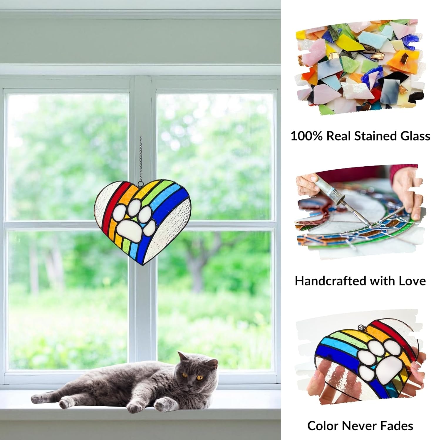LASTINGTAILS Stained Glass Rainbow Bridge Dog Memorial Gifts, Heart Paw Print Suncatcher, Pet Remembrance for Pet Lovers