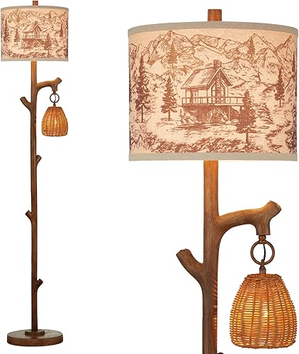 Lámpara de pie rústica de 63.5 pulgadas de alto, con acabado marrón, pantalla de tambor de mimbre y tela de lino, decoración para sala de estar y