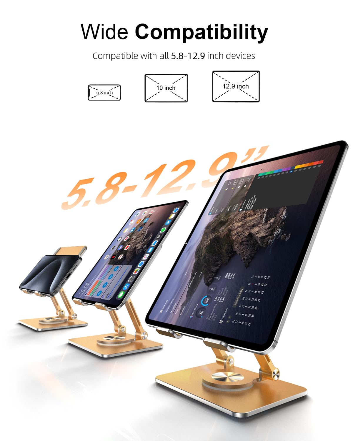 Orlian Soporte para tablet con base giratoria de 360° gruesa, soporte de aluminio ajustable de doble varilla para todos los iPad de 5.8 a 12.9 pulgadas, iPad, Samsung, tablet, Kindle E-Reader y más