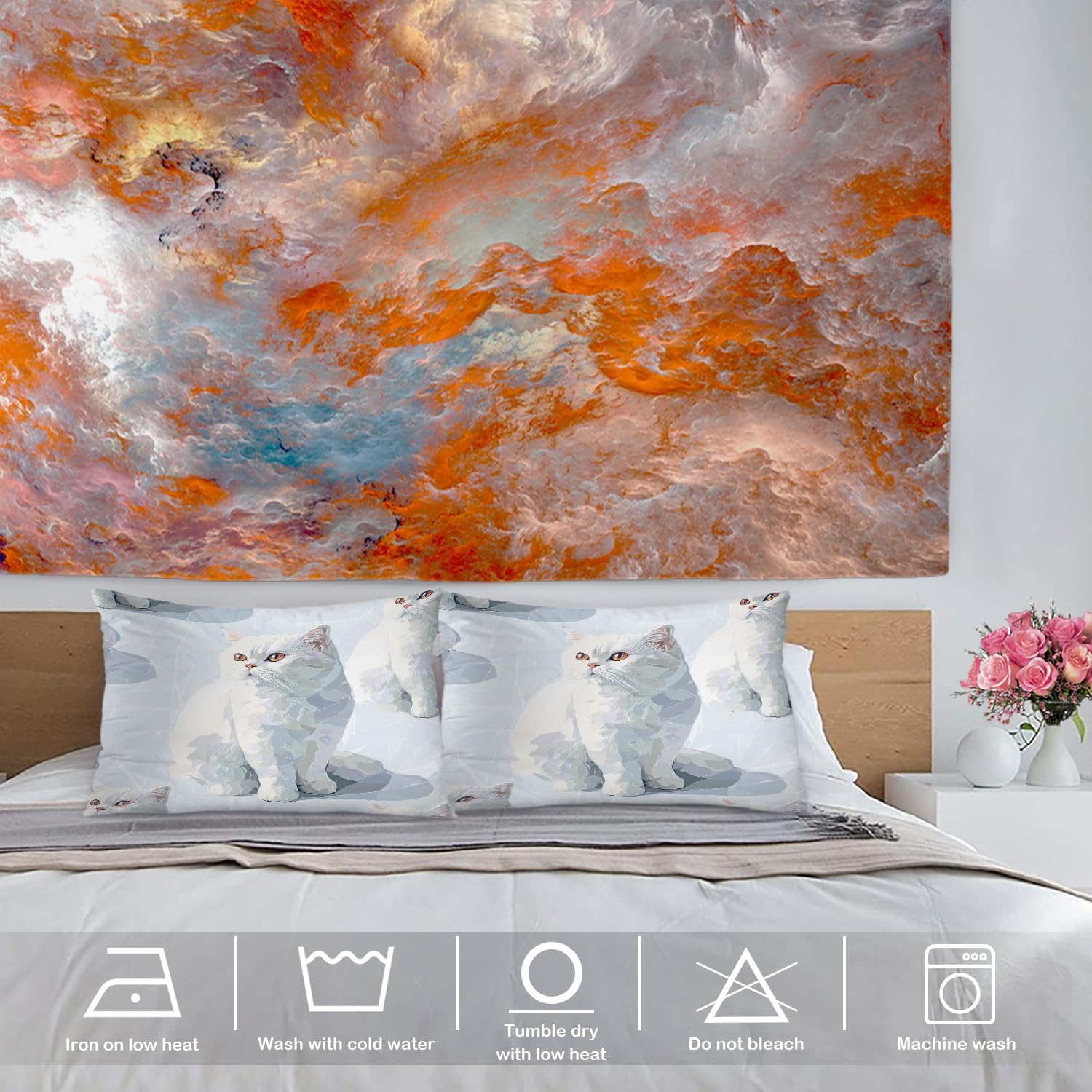 Cute Cat in Crisp White Throw Pillow Covers, White Cats Light Background Cushion Cover Digital Blended Hidden Zipper Decorative Pillowcases for Bedroom Lumbar 20X26 in 2 Pcs