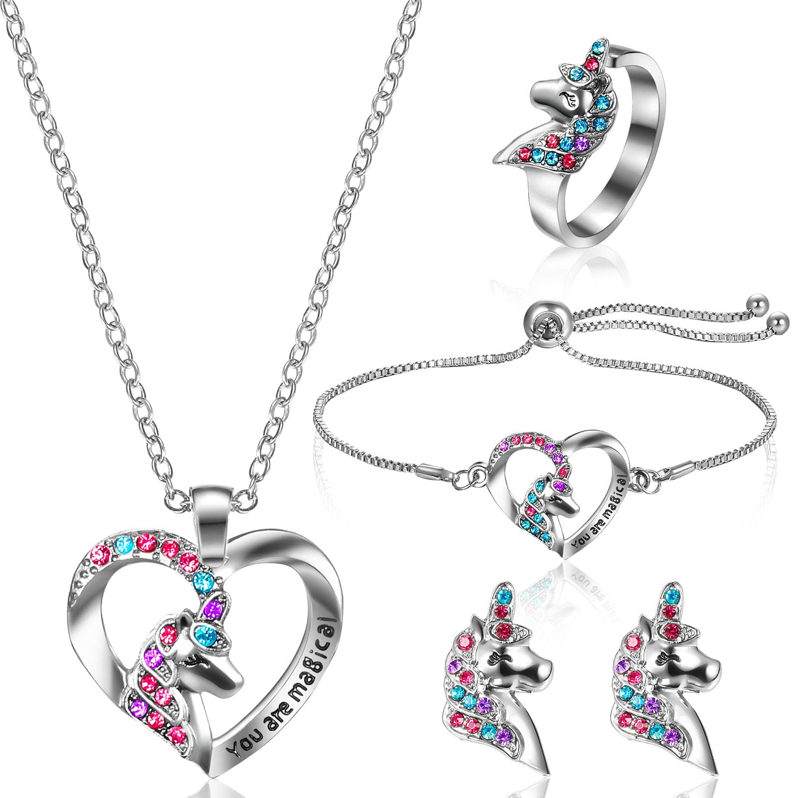 TERRIFIUnicorn Necklace Bracelet Set, 5 Psc Girls Jewelry Set with Earrings and Ring Girls Jewelry Set for Little Girl with Present Box Valentines Birthday Gift for Daughter Granddaughter Niece
