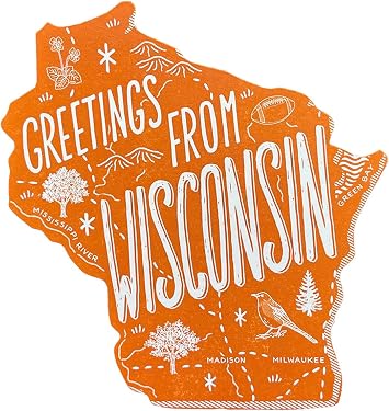 Noteworthy Wisconsin Postcard, Greetings From Wisconsin State Map Postcard, The Badger State, Die Cut and Letterpress Printed Postcard, Made in the USA