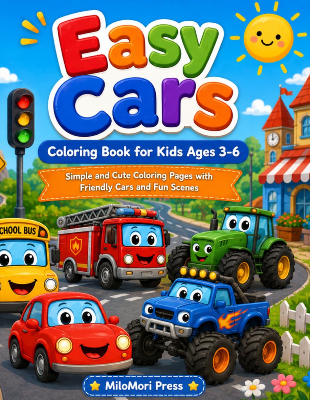 Easy Cars Coloring Book for Kids Ages 3-6: 20 Simple Vehicle Coloring Pages with Big Bold Outlines for Toddlers, Preschoolers and Kindergarten Kids