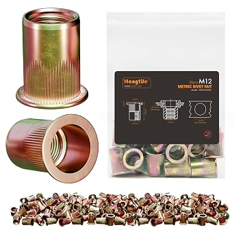 HANGLIFE Rivet Nut, M12 Metric Rivnut - Flat Head Nutserts, Zinc Plated Carbon Steel Knurled Body Threaded Insert Nuts, 20 Pieces