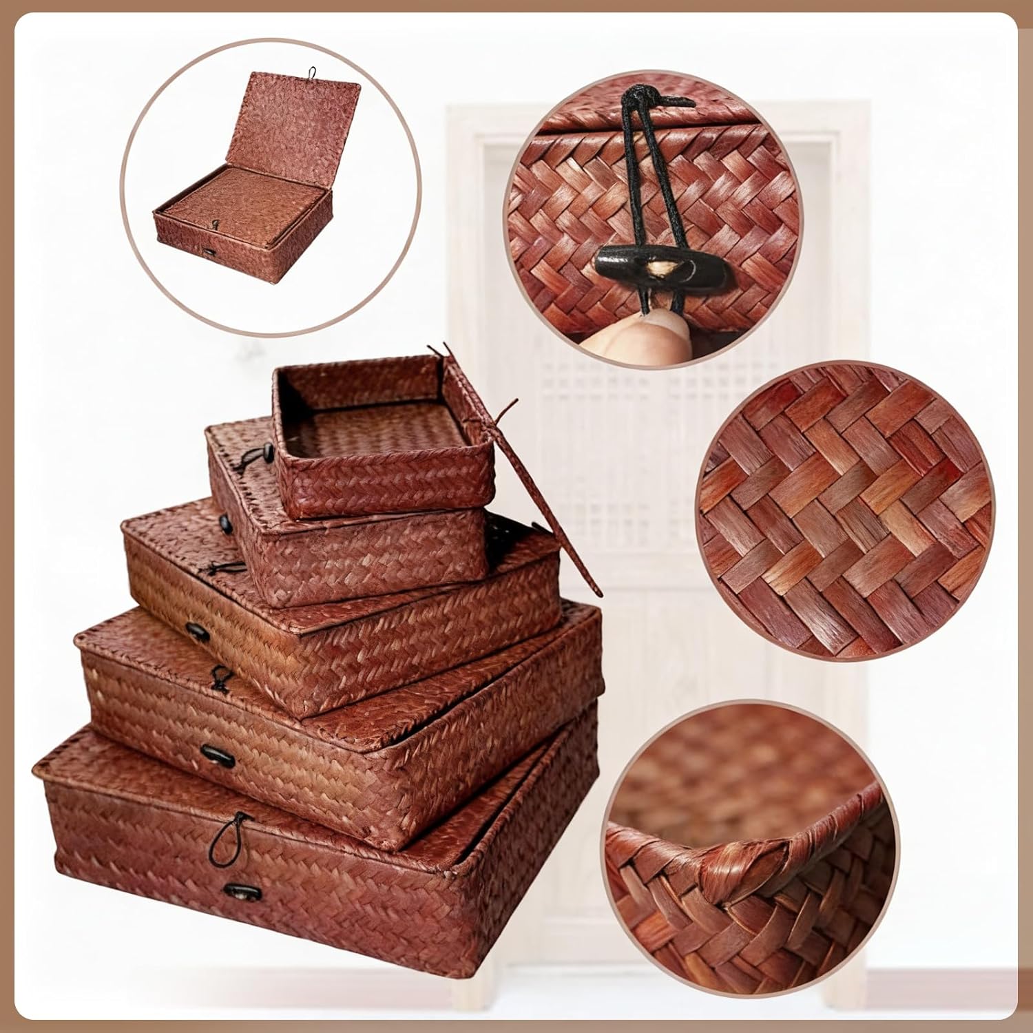 5 Pcs Seagrass Basket with Lid 5 Sizes Decorative Storage Boxes Rattan Wicker Storage Basket with Lids Woven Organizer Baskets Multipurpose Flat Storage Bins for Shelf Closet Bedroom (Dark Brown)