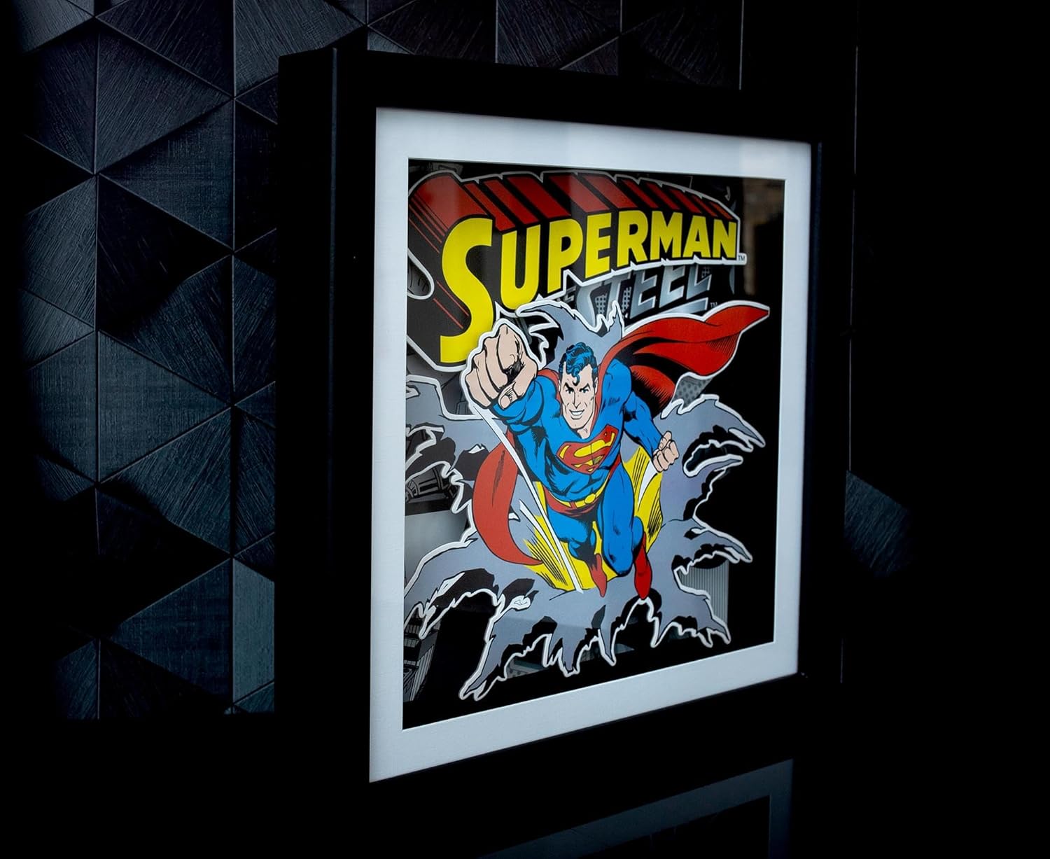 DC Comics Superman Man of Steel Wood Frame 3D Shadow Box Wall Art with Glass | 15 x 15 Inches