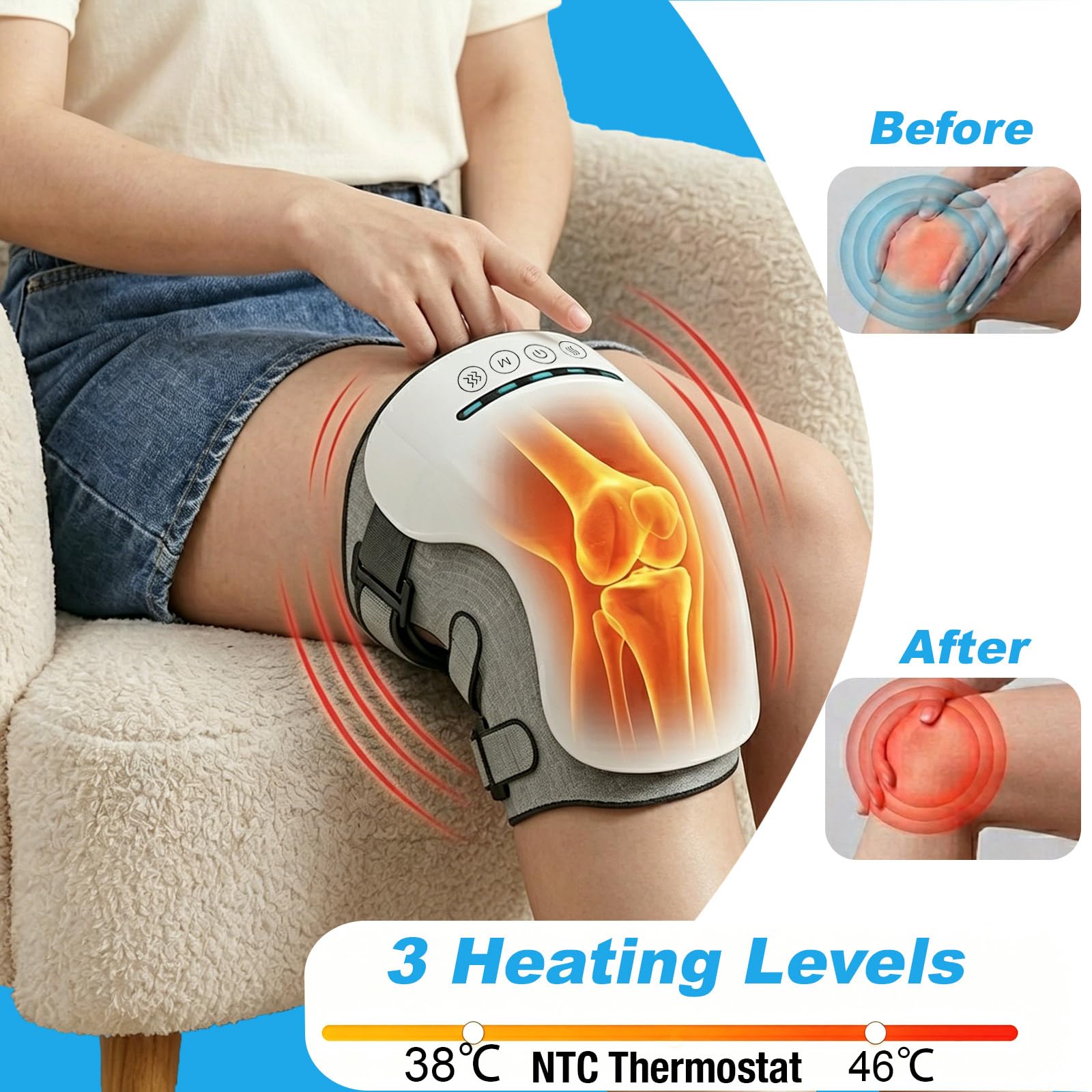 Elektrischer Knie Massagegerät mit Wärme, Vibration & Rotlichttherapie, Beheizte Kniebandage mit 6 Massageknoten, 3 Wärmestufen, Verstellbare Gurte