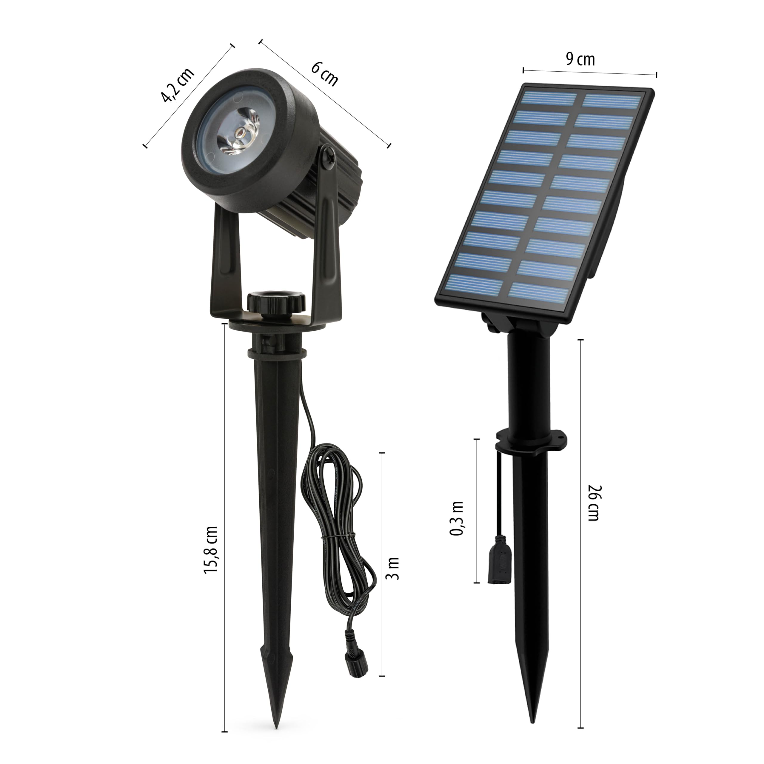 Zestaw 2 zewnętrznych reflektorów LED z panelem słonecznym – 2 x 100 lumenów, lampy ogrodowe solarne, IP65, wodoodporne, do ogrodu, krzewów, podwórka, doniczek i roślin