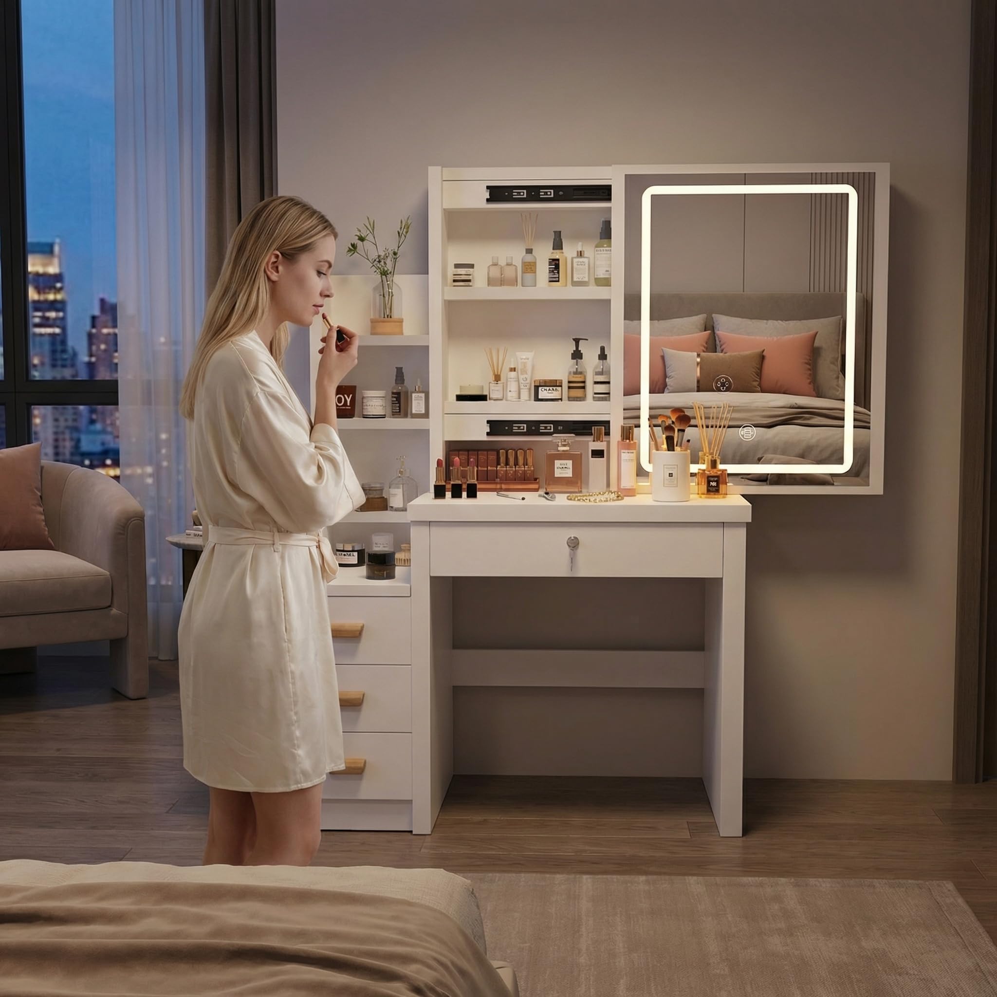 Coiffeuse avec éclairage LED, Miroir et luminosité réglable, Coiffeuse avec Tabouret, 4 tiroirs et 7 étagères, Coiffeuse Moderne, en Bois, Blanche