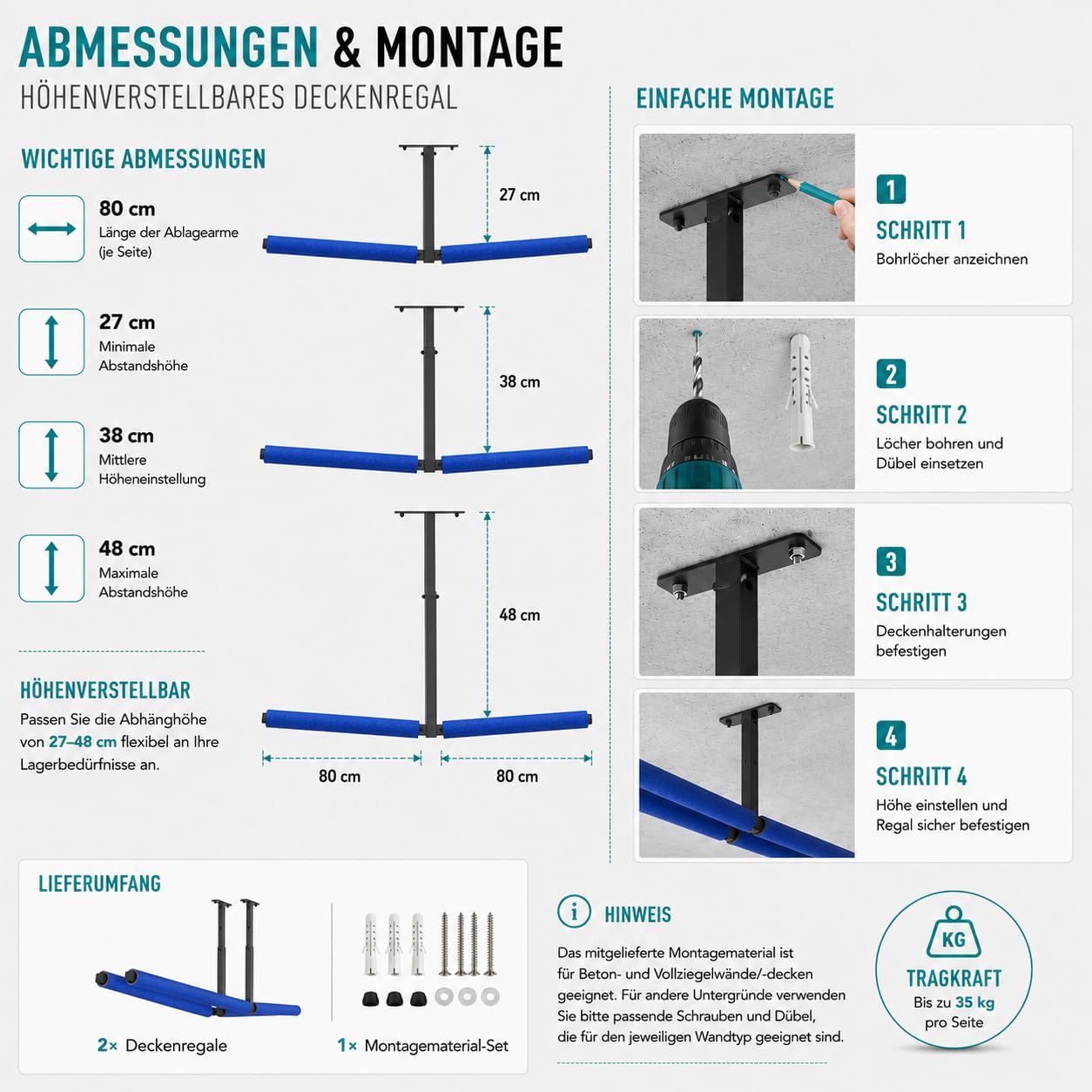QLS Lot de 2 étagères suspendues - Pour le plafond - Échelle, kayak, planche de surf, rangement d'outils - Bleu