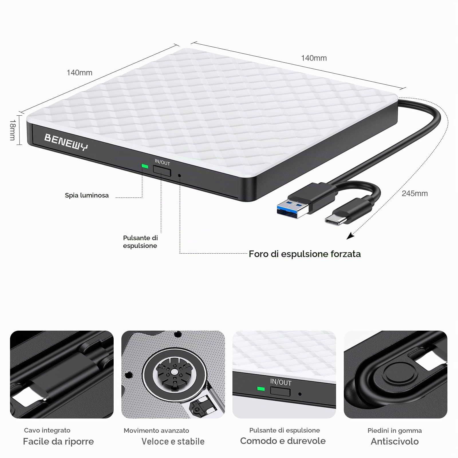 BENEWY Lettore Masterizzatore Unità Esterna Lettore CD/DVD -/+RW per PC Portatile,Laptop,Desktop,Macbook per Windows 11/10/8.1/7/XP/Vista/Linux/MacOS