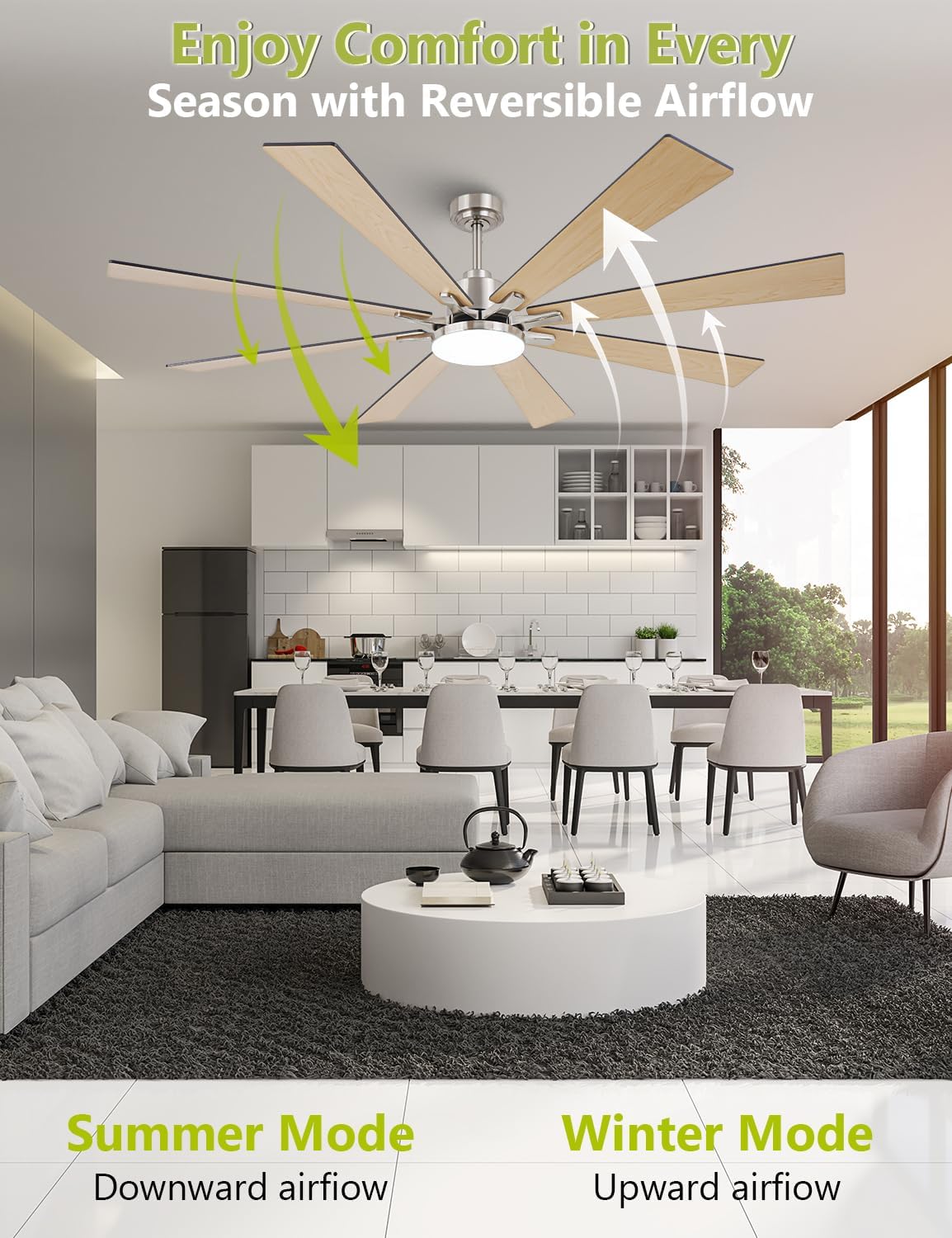 72 Inch Modern Ceiling Fans with Lights and Remote Nickel Large Airflow Ceiling Fan,Dimmable Lighting, Reversible DC Motor, Noiseless, Indoor Outdoor Use for Living Room, Office, Garage