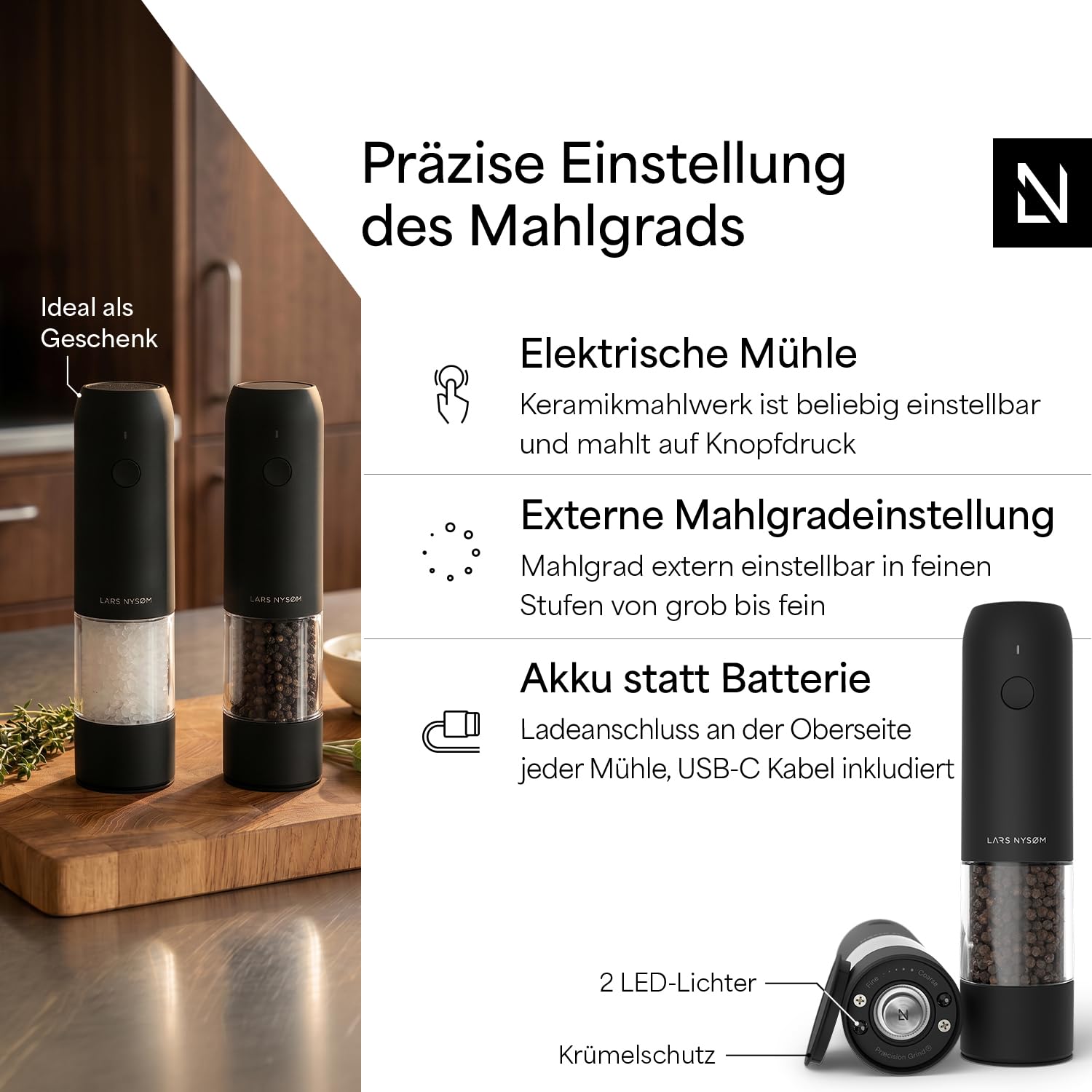 LARS NYSØM Salz und Pfeffermühle elektrisch 2er Set - USB-C wiederaufladbar