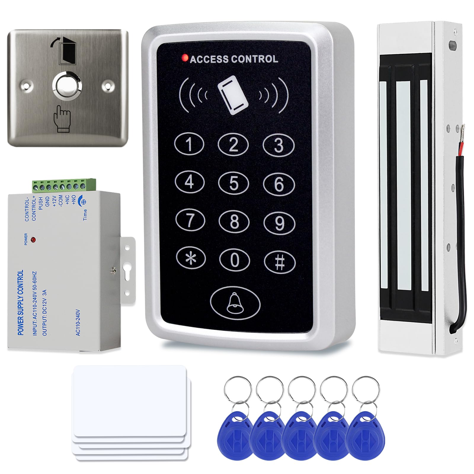 Système d'entrée de Porte avec Clavier de contrôle d'accès étanche, Alimentation DC 12 V, Interrupteur de déverrouillage de Porte, Serrure électrique et Porte-clés RFID 125 kHz