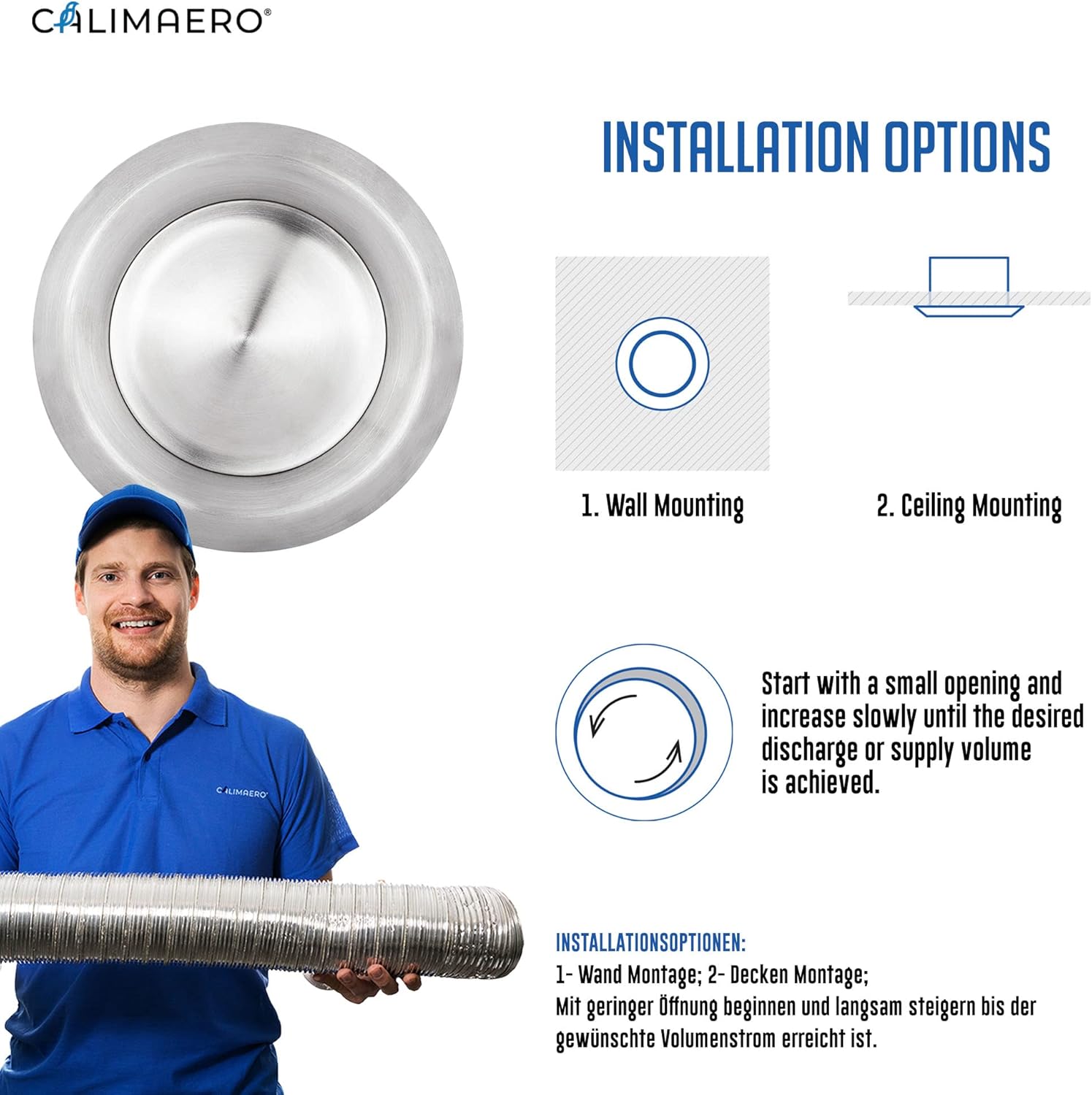 calimaero® TVE 4" Stainless Steel Vents, Round Adjustable Wall Air Vent Ventilation Cover Vents for HVAC Fits Only with Metal Ducts