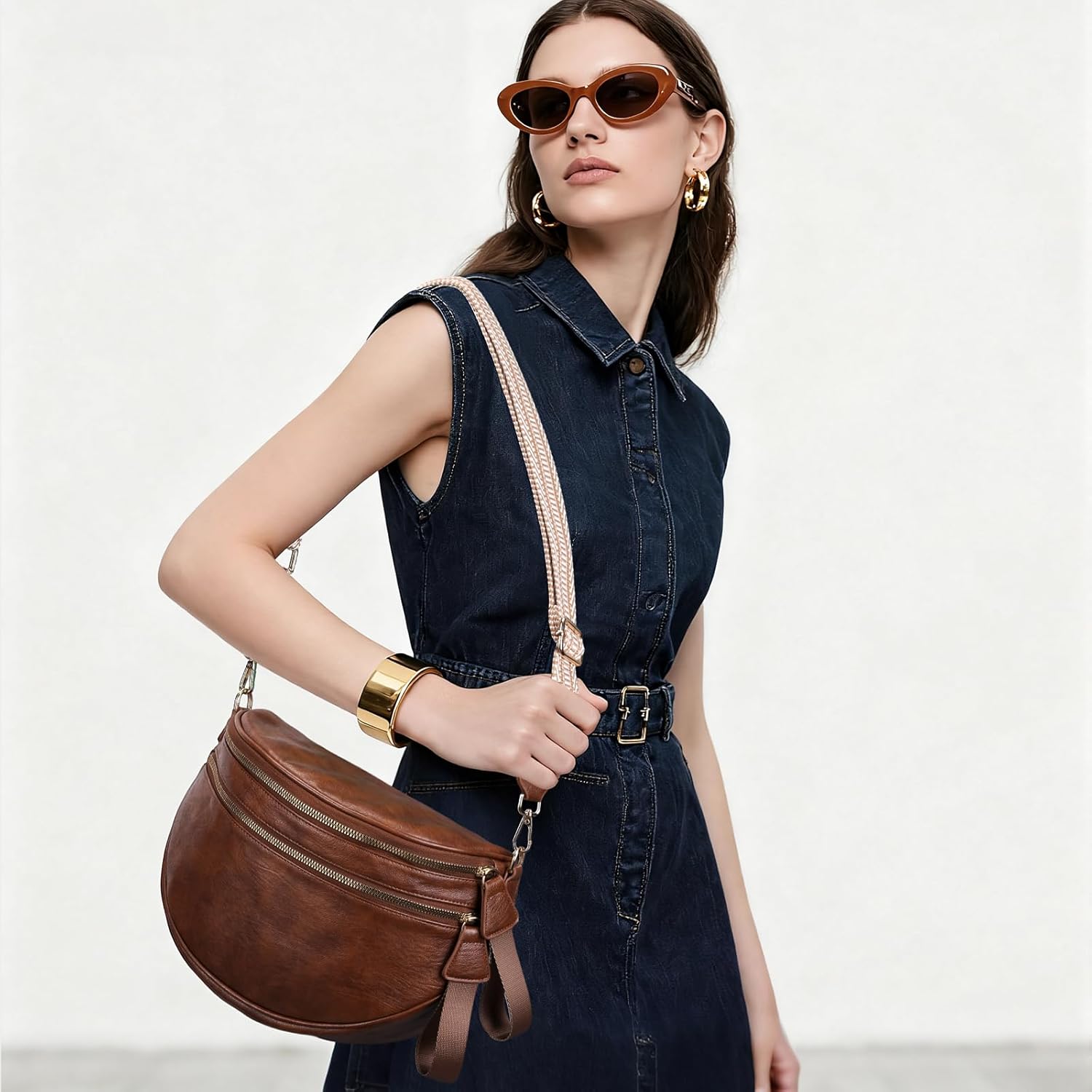 Leather Crossbody Bum Bag for Women,Large Sling Bum Bag Wallets Slouchy Belt Purse with 2Pcs Adjustable Strap - Image 2