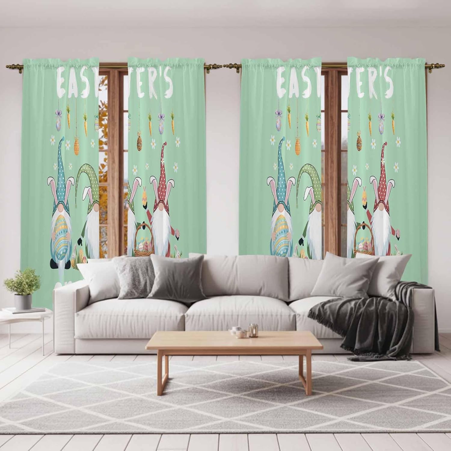 Green Gnomes Easter Kitchen Curtains, Eggs Botanical Carrot Pastoral Light Filtering Window Curtain Panels, 2Pcs Rod Pocket Window Treatments Set for Living Room Bathroom Bedroom 52x72 Inches