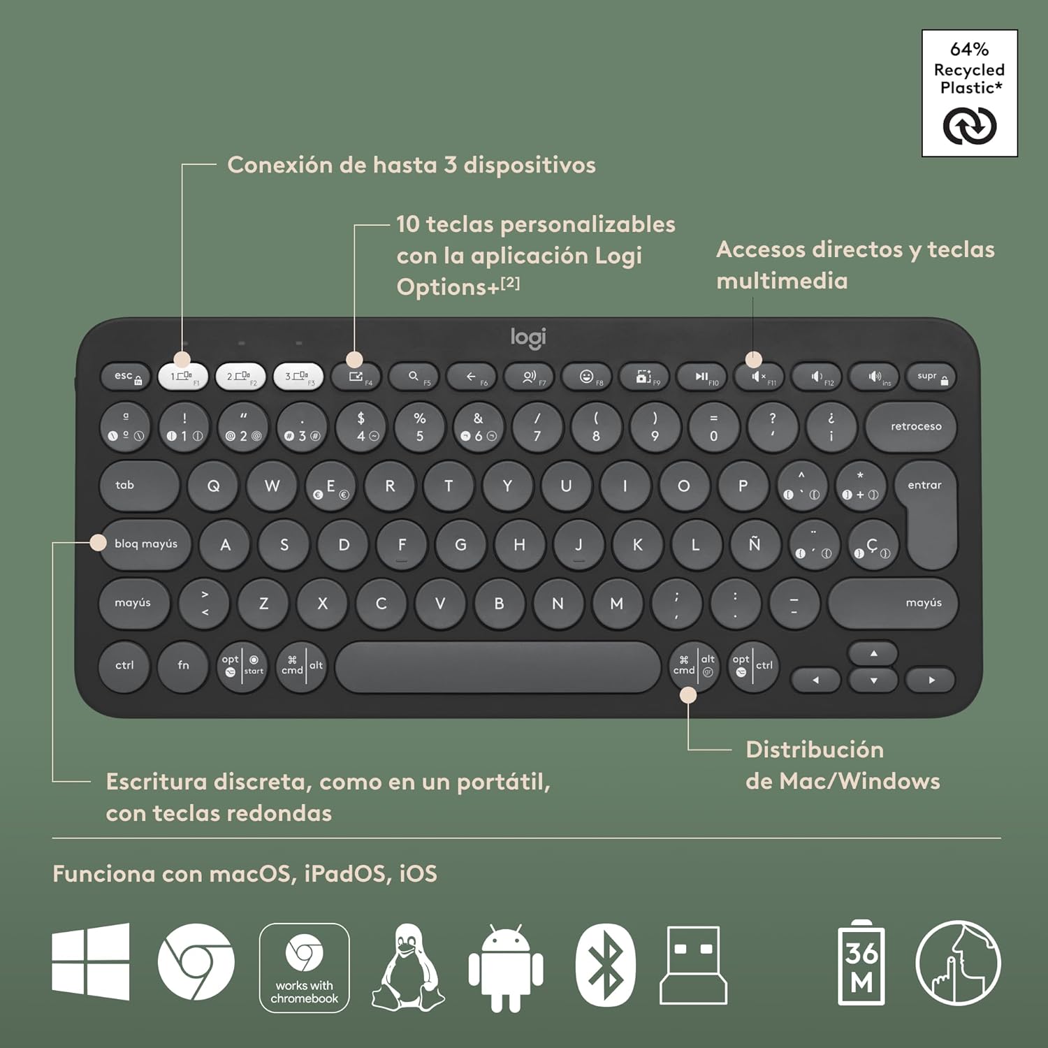 Logitech Pebble 2 Combo, teclado y ratón inalámbricos, discretos, portátiles, personalizables, Logi Bolt, Bluetooth, Easy-Switch para Windows, macOS, iPadOS, Chrome, Disposición QWERTY Español-Grafito 8