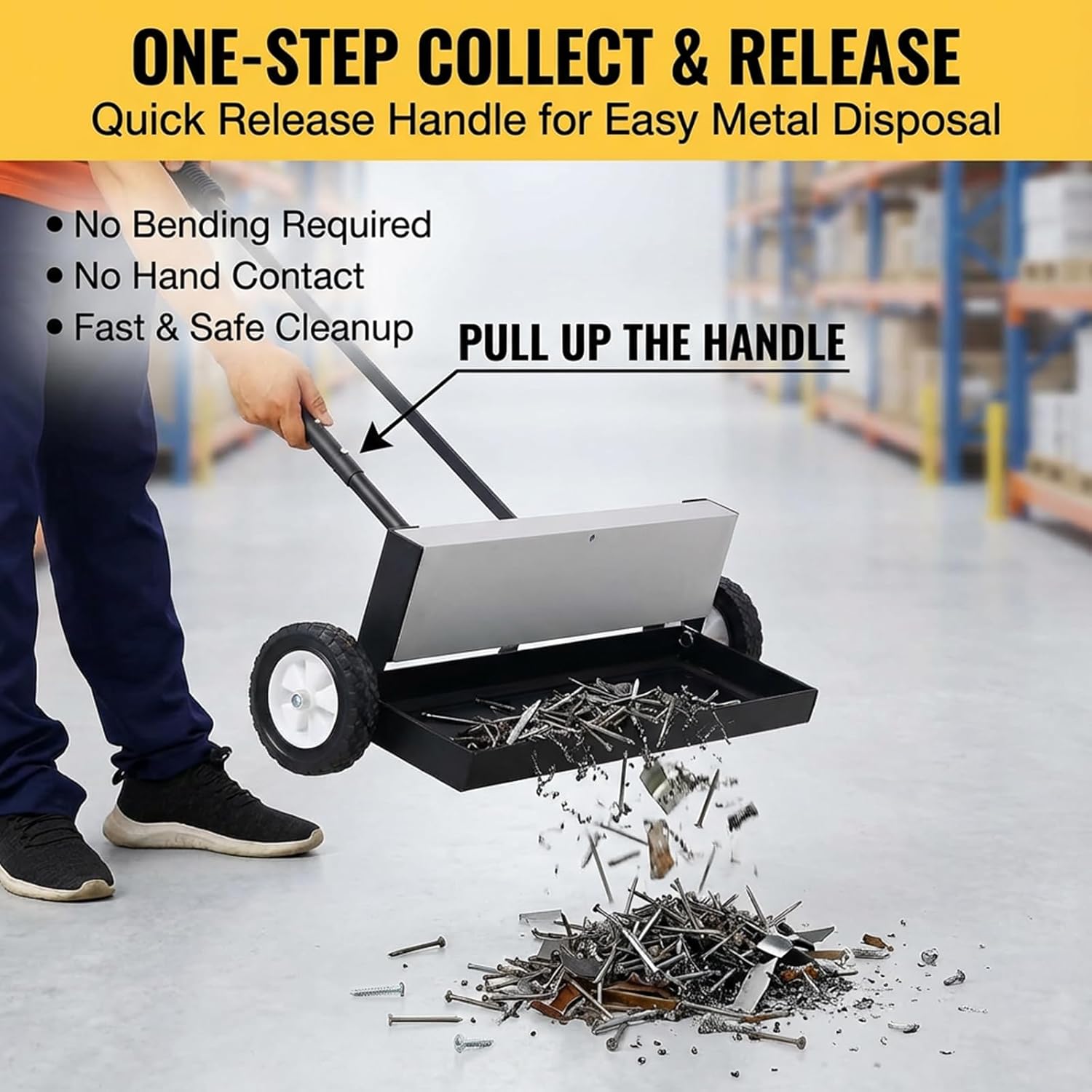 24 Inch Rolling Magnetic Sweeper with Wheels, Magnet Sweeper with Quick Release, Heavy-Duty Magnetic Broom to Pick Up Nails Needles Screws 100LBS Capacity