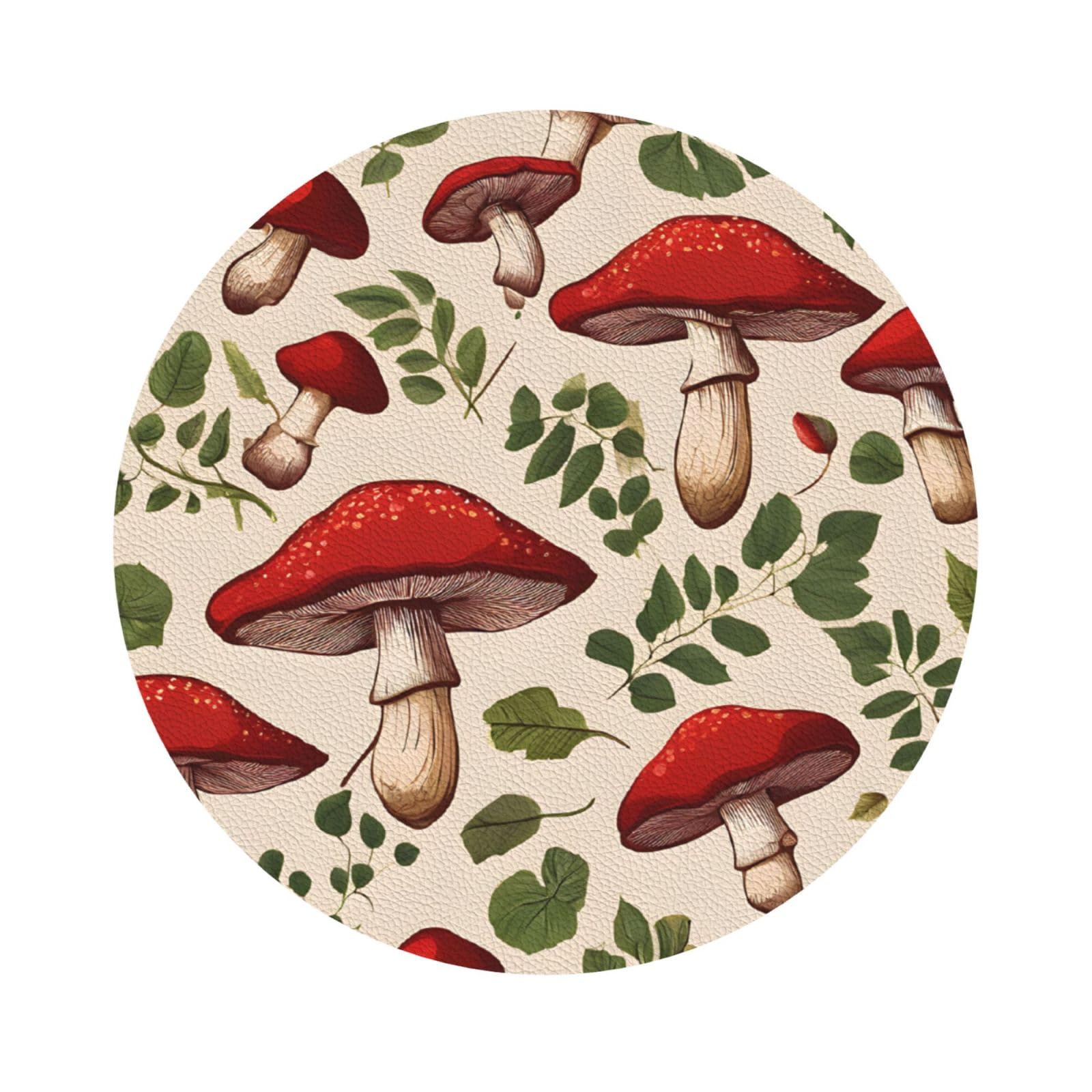 (Red Mushrooms) Leather Coaster Set Of 6 Premium Round Shape Drink Coasters For Home Office Restaurant Bar