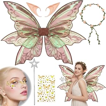 Fairy Wings, Halloween Costumes, 5 PCS Fairy Wings Adult Women Set with Wings Elf Ears Flower Crown Magic Wand and Butterfly Sticker, for Halloween Party and Parties Use by Those Aged 15 and Above