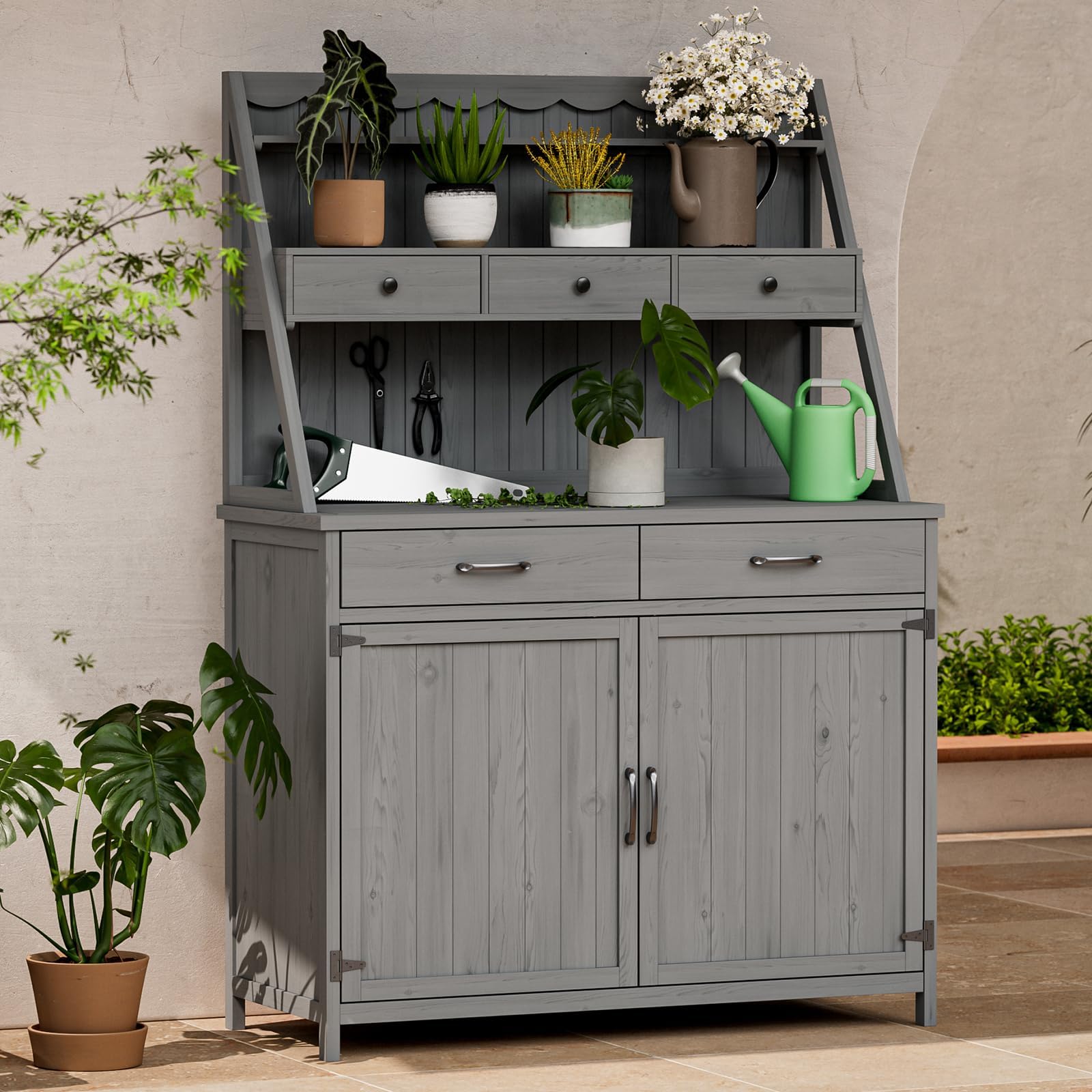 65” Potting Bench Table for Outside, Garden Table for Outdoors with Storage Cabinet, Shelves, Drawers, Work Bench for Planting, Gardening (Gray)