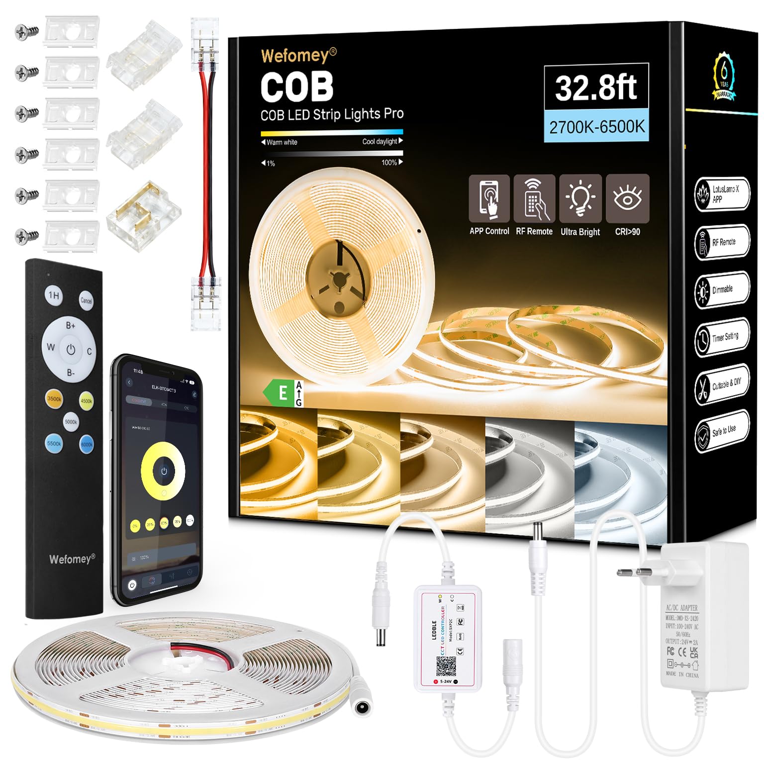 Wefomey 10M COB Striscia LED Striscia LED Bianco Caldo 2700K-6500K CRI>92 Alta Luminosità 24V Dimmerabile con Telecomando e Alimentazione, Per Casa Camera Da Letto Miroi Decorare