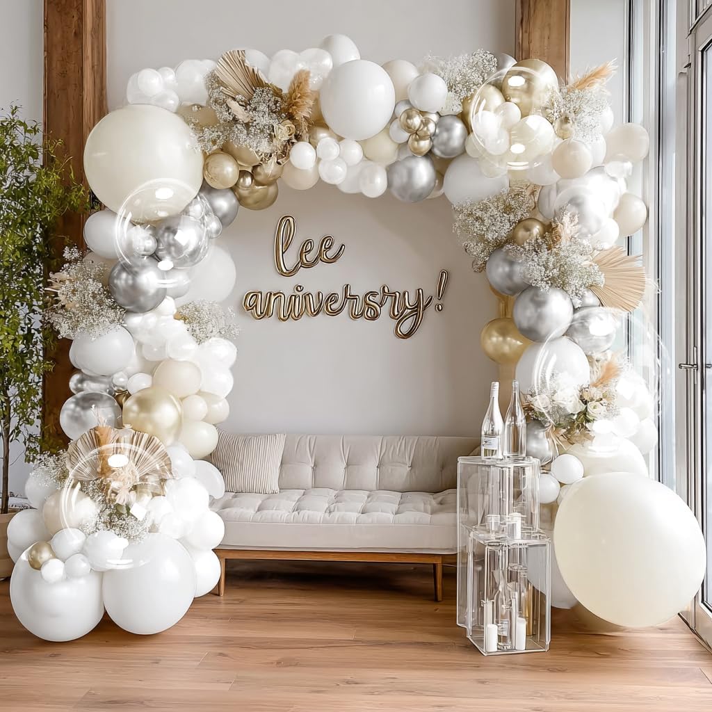 White Gold Balloon Arch DOUBLE STUFFED Pearl White Sand Gold Balloons for Birthday Baby Shower Wedding Bridal Party Decorations