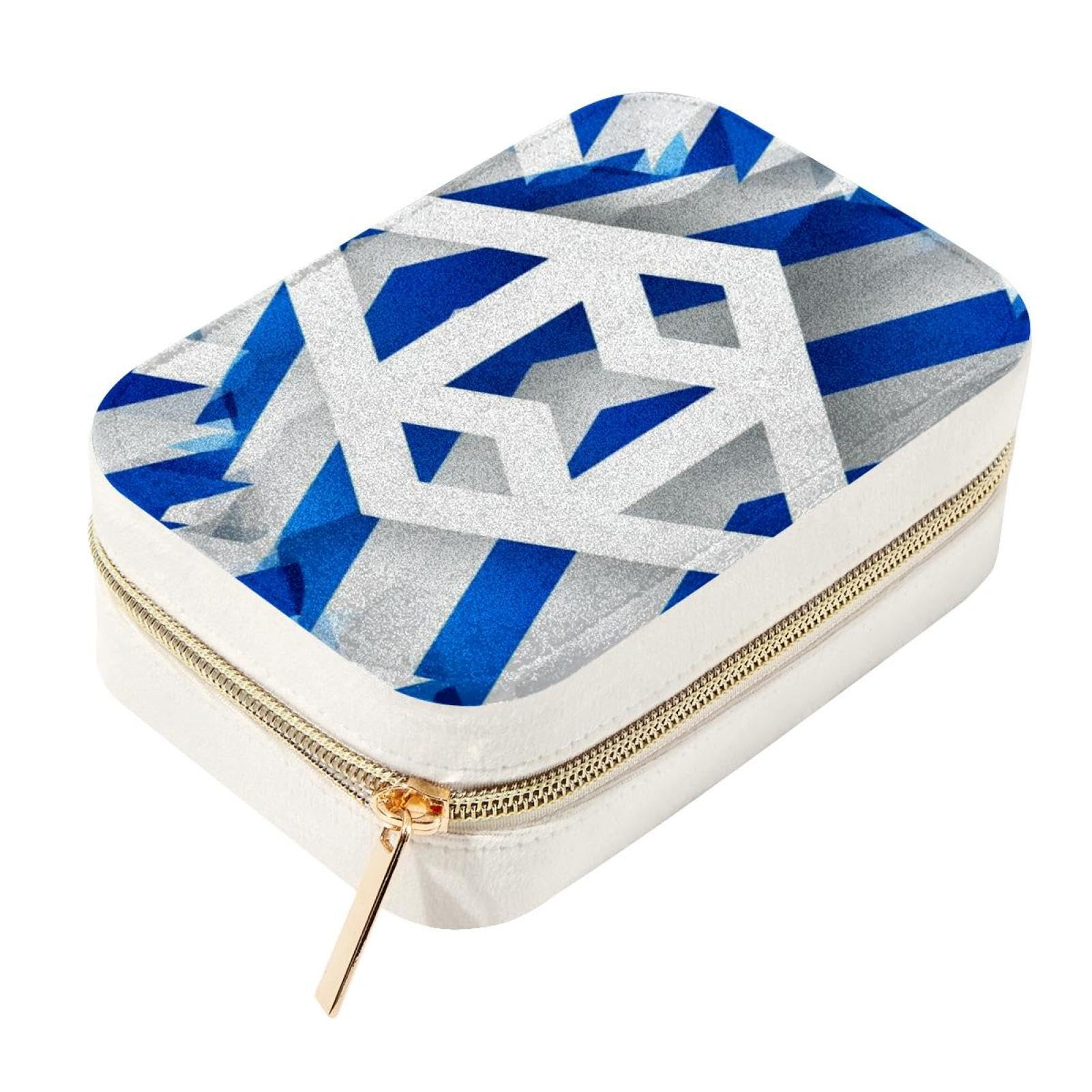 Joyero de viaje de terciopelo con estampado geométrico azul un regalo ideal de joyería