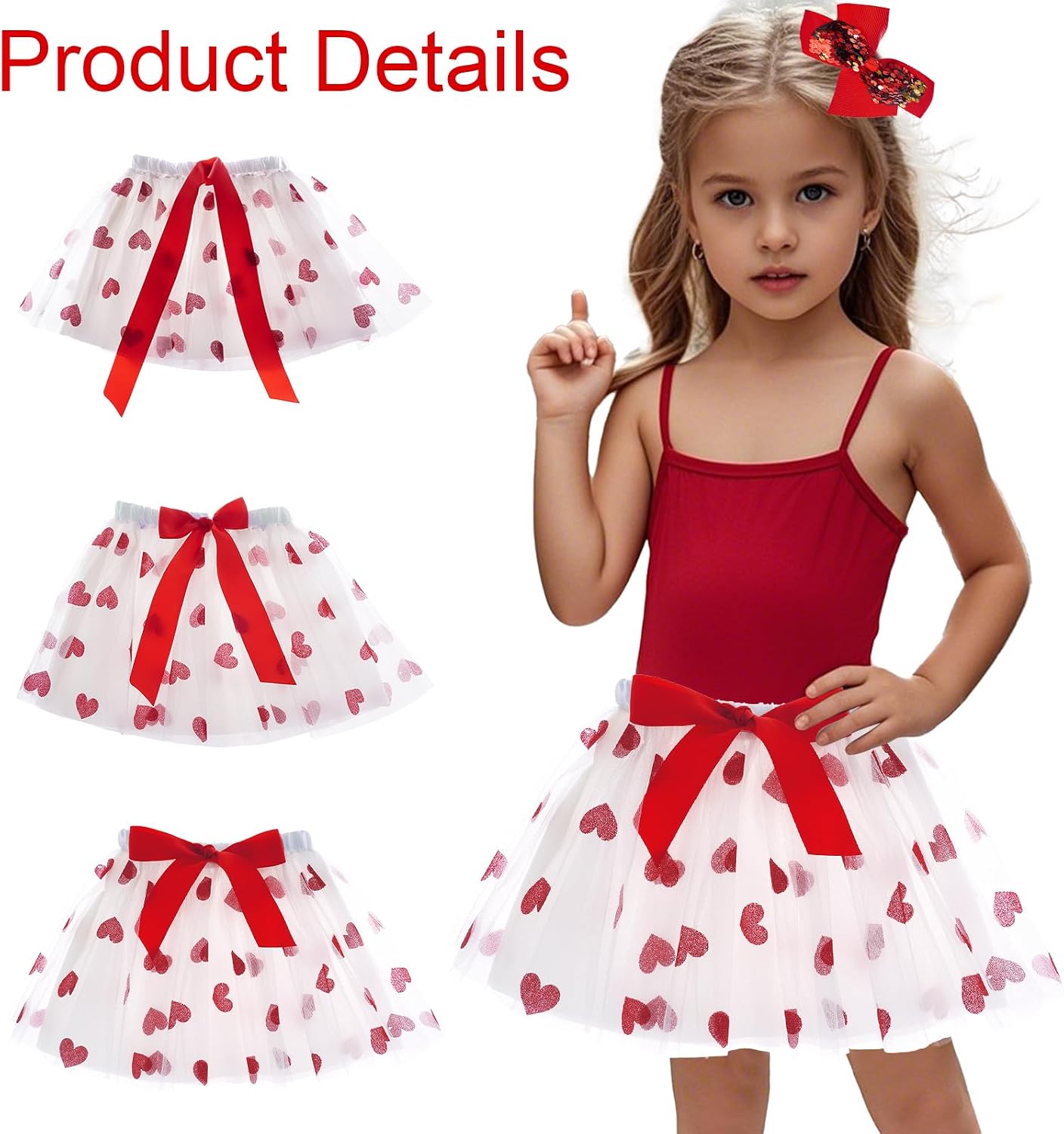 Girls Tulle Tutu Skirt with Sequin Bow Hair Clip Red Heart Layered Tutu Skirt for Valentine’s Day Birthday Holiday Party Pink