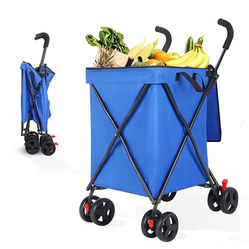 Folding Shopping Cart with Wheels,Foldable Shopping Cart for Groceries,Large Capacity 120lbs Utility Cart,Hulken Bag with Wheels for Laundry Grocery, Baggage, Picnic (Blue)