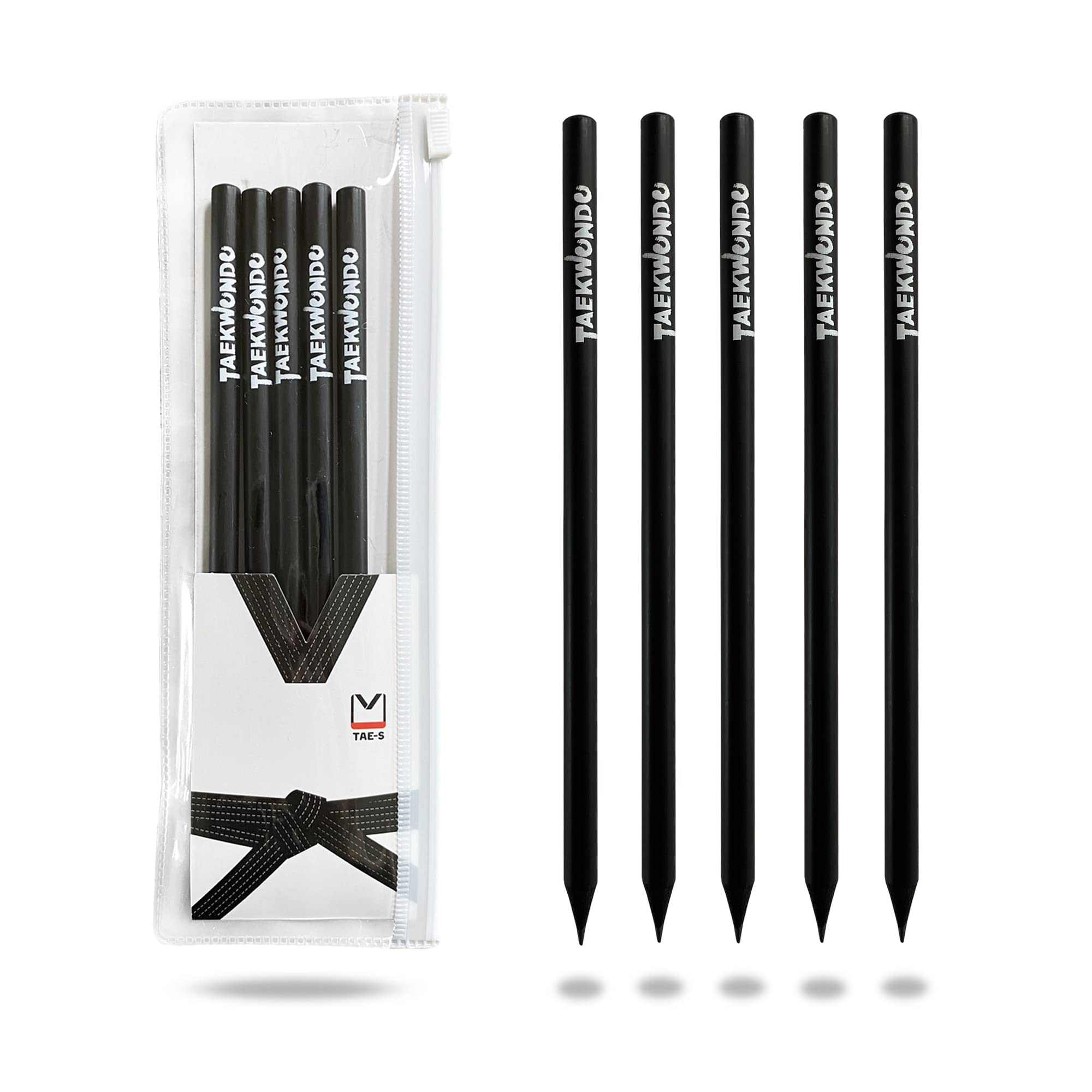 TAE-S Taekwondo Pencils HB Wood Cased with White Clear PVC Pencil Case Thoughtful Gift Idea for Martial Arts Students (1Pack of 5Count, Black)