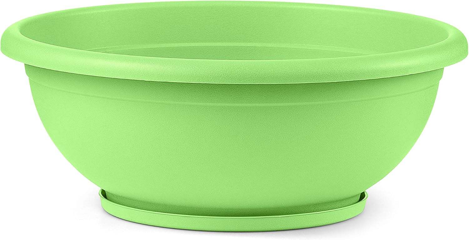 TABOR TOOLS VEN308 Plastic Planter Bowl, Garden Bowl with Attached Drainage Tray, for Indoor and Outdoor Use, Round Ø 12 Inch (Color: Pastel Green)