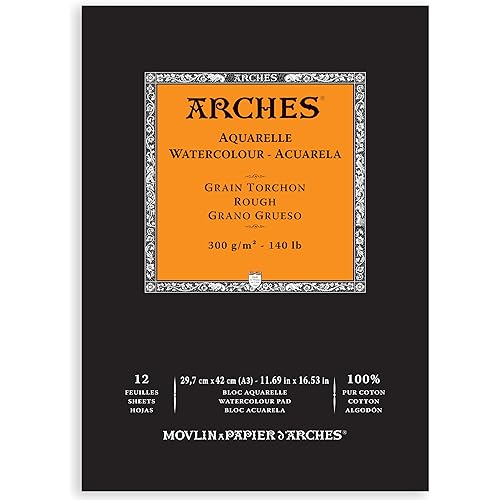 Arches Watercolor Pad 11.69x16.53-inch - Natural White 100% Cotton Paper - 12 Sheet Arches Watercolor Paper 140 lb Rough Pad - Arches Art Paper for Watercolor Gouache Ink Acrylic and More