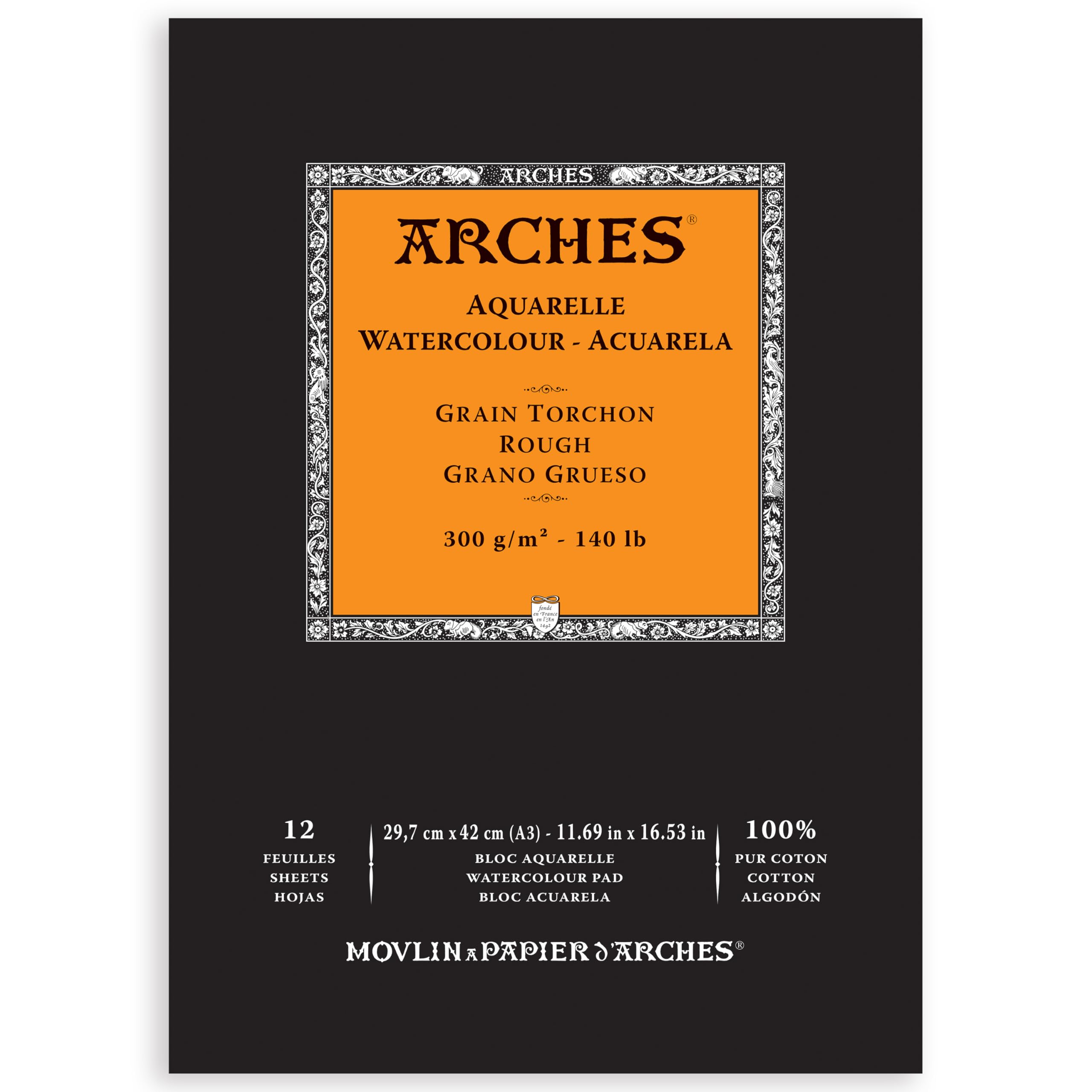 Arches 1795104 Aquarellpapier im Block (A3: 42 x 29,7 cm, Kopfgeleimt, 300g/m² Grobkorn) 12 Blatt naturweiß