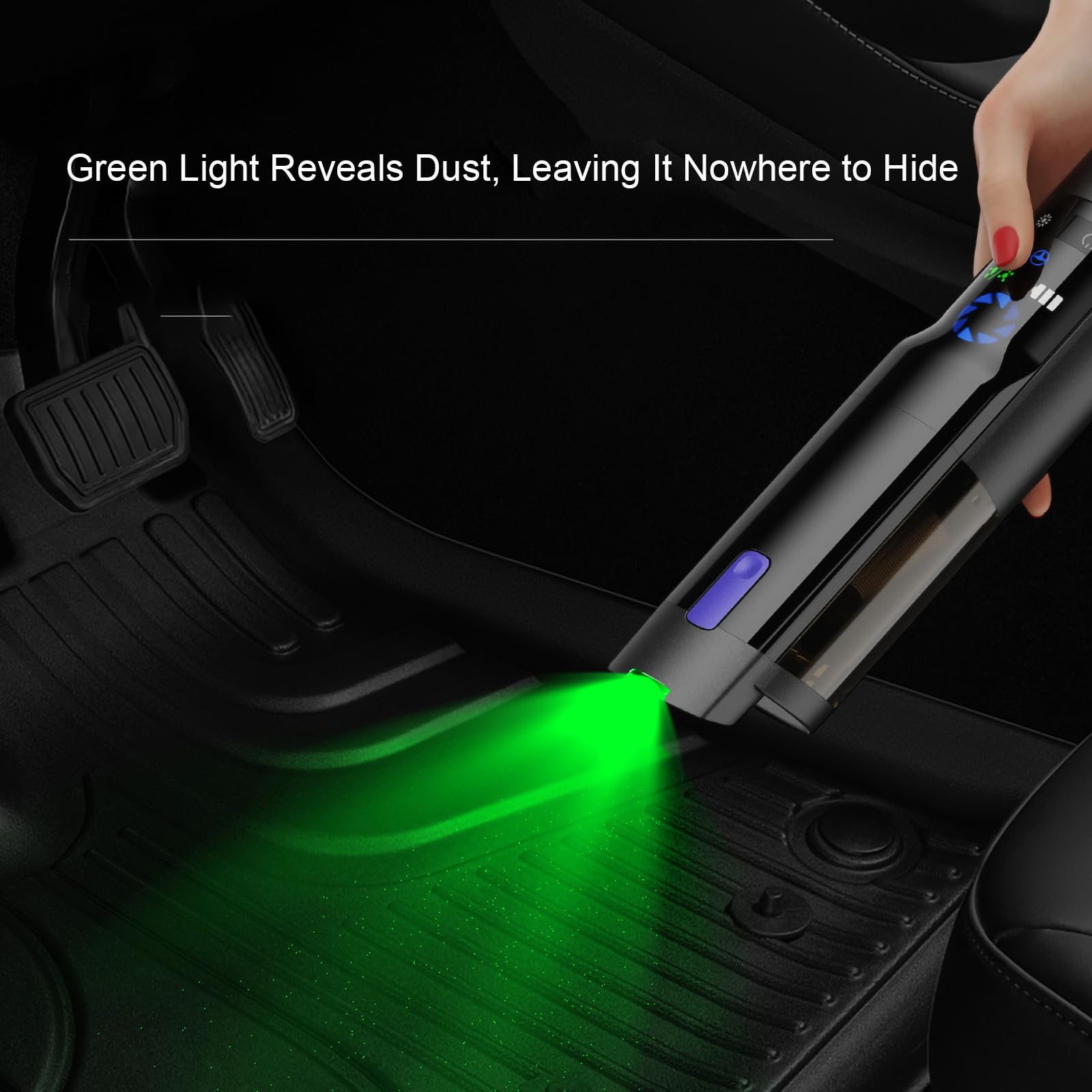 Aspiradora para Coche con Potente succión de 17000 Pa, Modo de luz Verde, 2500 mAh*3, 2 en 1 con boquillas de inflado, autonomía de 40 Minutos, para Coche y hogar,Black