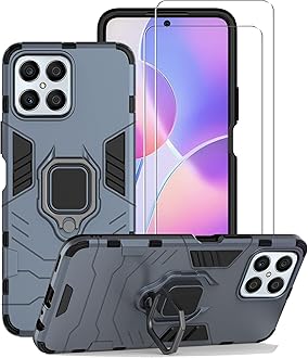 Chengmi ZMONE Phone Case for Honor X8 4G Case Cover with Glass Screen Protector [2 PACK] Heavy Duty Dual Layer Military Grade Shockproof Protective Cover with Magnetic Ring Kickstand - Blue