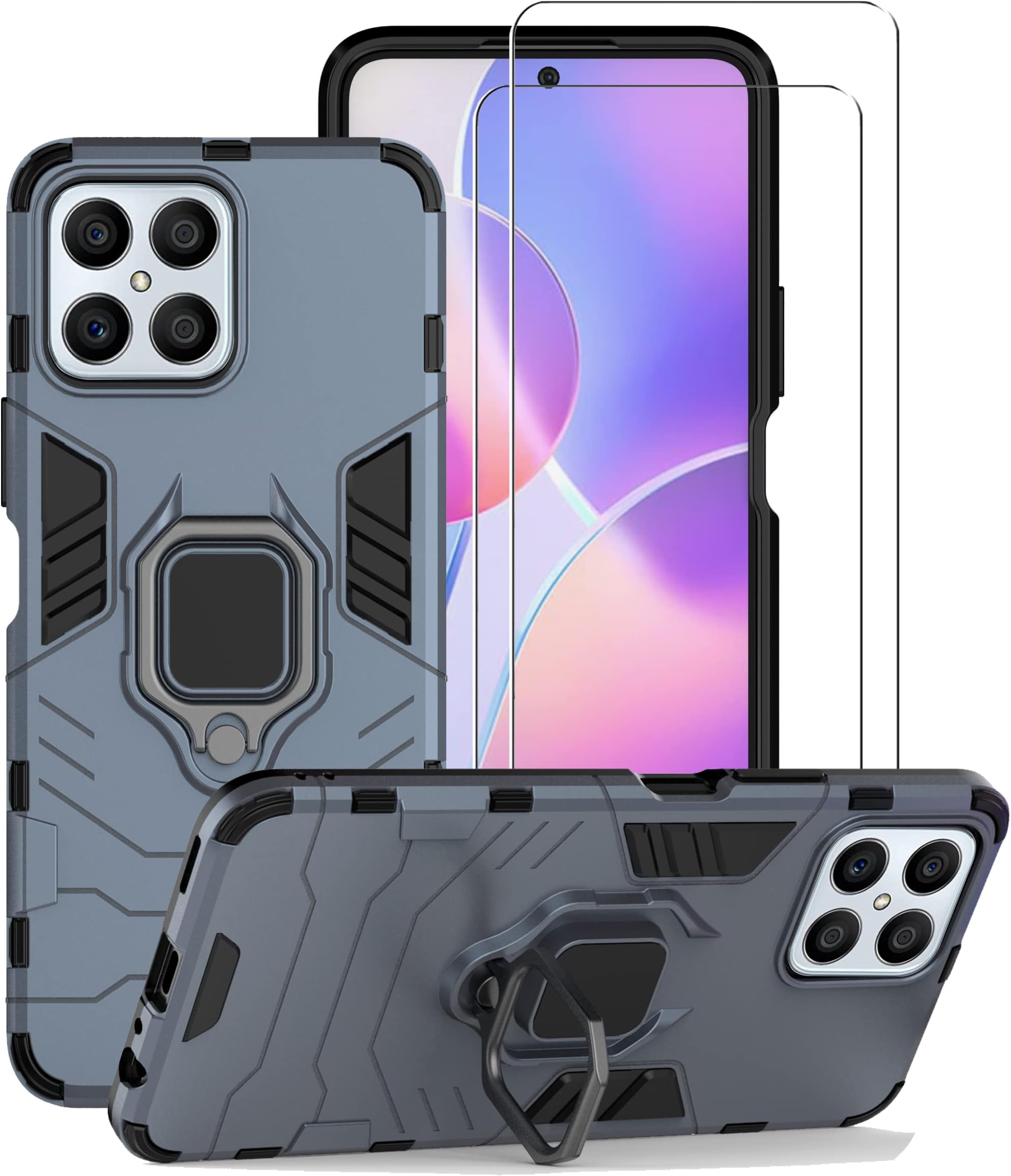 Chengmi ZMONE Phone Case for Honor X8 4G Case Cover with Glass Screen Protector [2 PACK] Heavy Duty Dual Layer Military Grade Shockproof Protective Cover with Magnetic Ring Kickstand - Blue