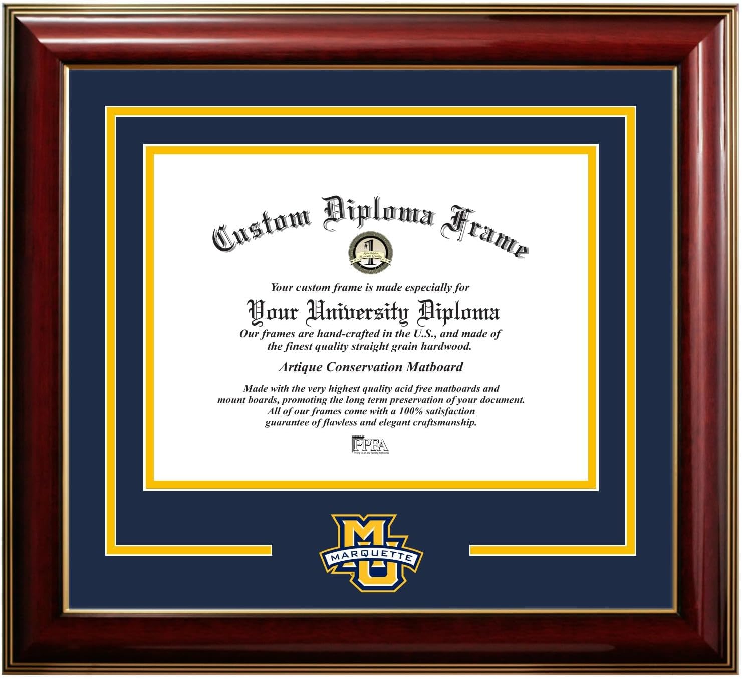 Campus Images Marquette University Golden Eagles Diploma Frame – 9x12 lassic Mahogany with Gold Trim Printed School Logo