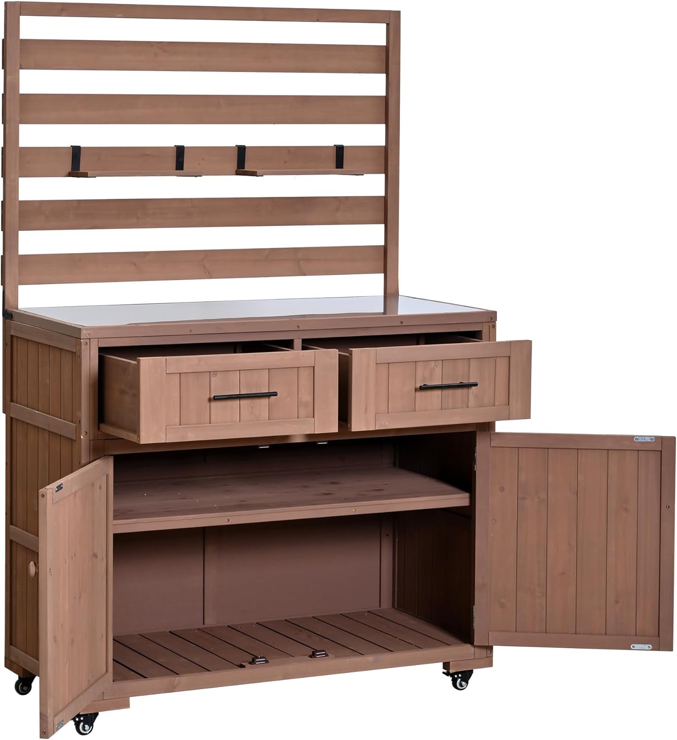 LUMISOL Garden Potting Bench Table with Stainless Table Top, 64.9'' H Solid Wood Garden Workstation with 3 Movable Shelves, Large Outdoor Kitchen Cart with 2 Drawers, for Patio Backyard, Brown