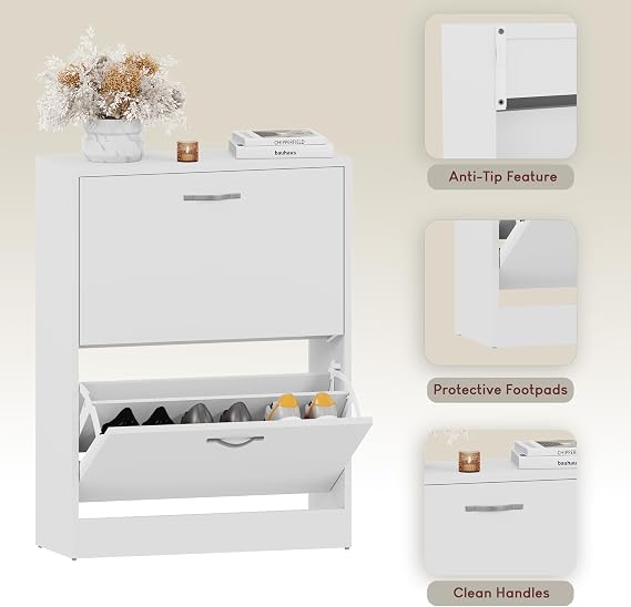 Vida Designs Shoe Cabinet, Wooden Shoe Storage Unit with 2 Pull-Down Drawers, Multifunctional Dust-Proof Space-Saving Slim Cupboard for Hallway or Entryway (White)