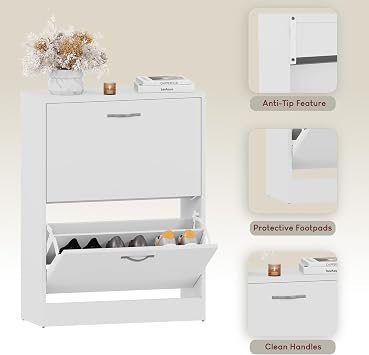 Vida Designs Shoe Cabinet, Wooden Shoe Storage Unit with 2 Pull-Down Drawers, Multifunctional Dust-Proof Space-Saving Slim Cupboard for Hallway or Entryway (White)
