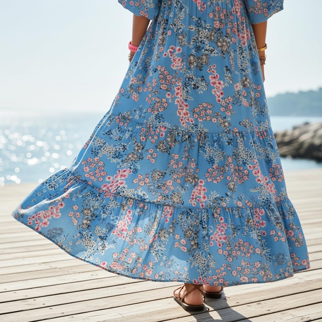 TIAFORD Womens 2026 Casual Boho Maxi Dresses V Neck Puff Sleeve Geometric Pattern Smocked Ruffle Flowy Beach Long Dress