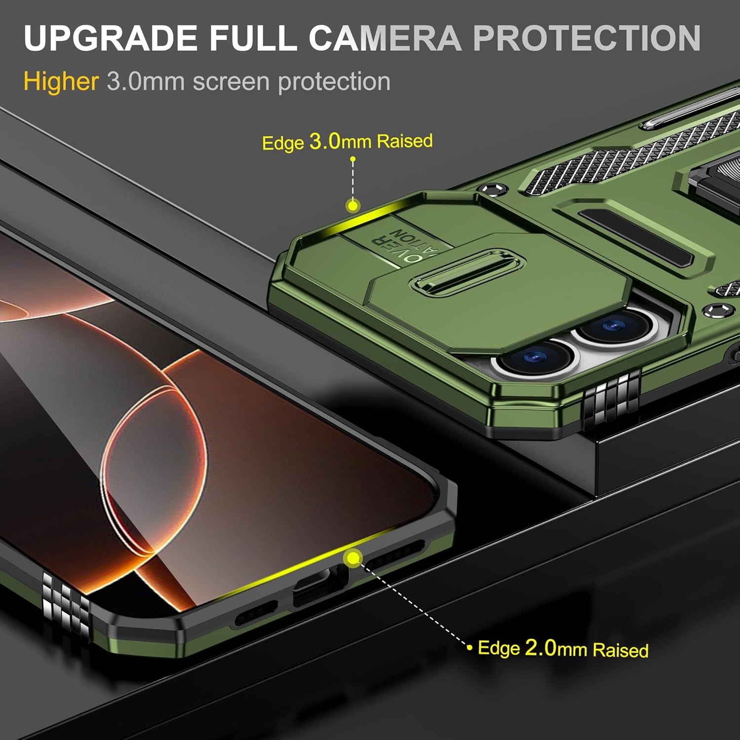 SunStory Phone Case for iPhone 16 Case with HD Screen Protector & Slide Camera Cover & Rotated Ring Kickstand, [Military-Grade] Phone Case for iPhone 16 6.1" (Z_OliveGreen) - Image 4